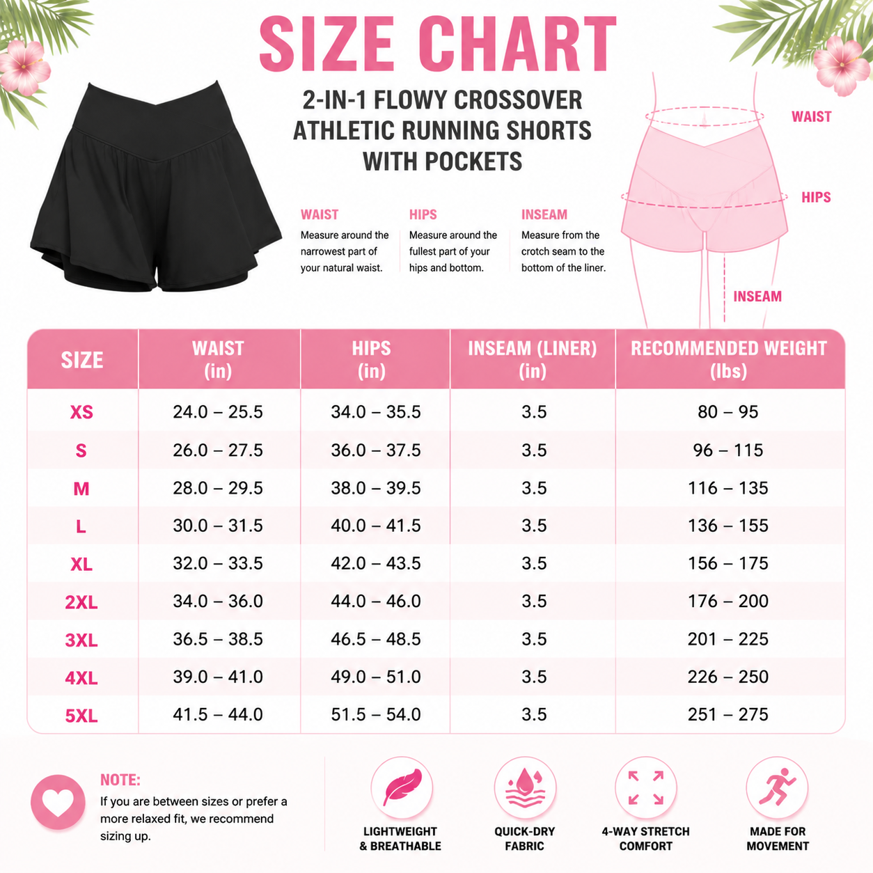 Flash Sale Women's 2-in-1 Flowy Crossover Athletic Running Shorts with Pockets 8 Pack - size_chart