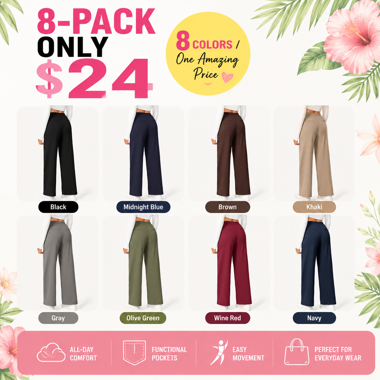 Flash Sale Women's High Waisted Straight Leg Work Pants with Side Pockets - main