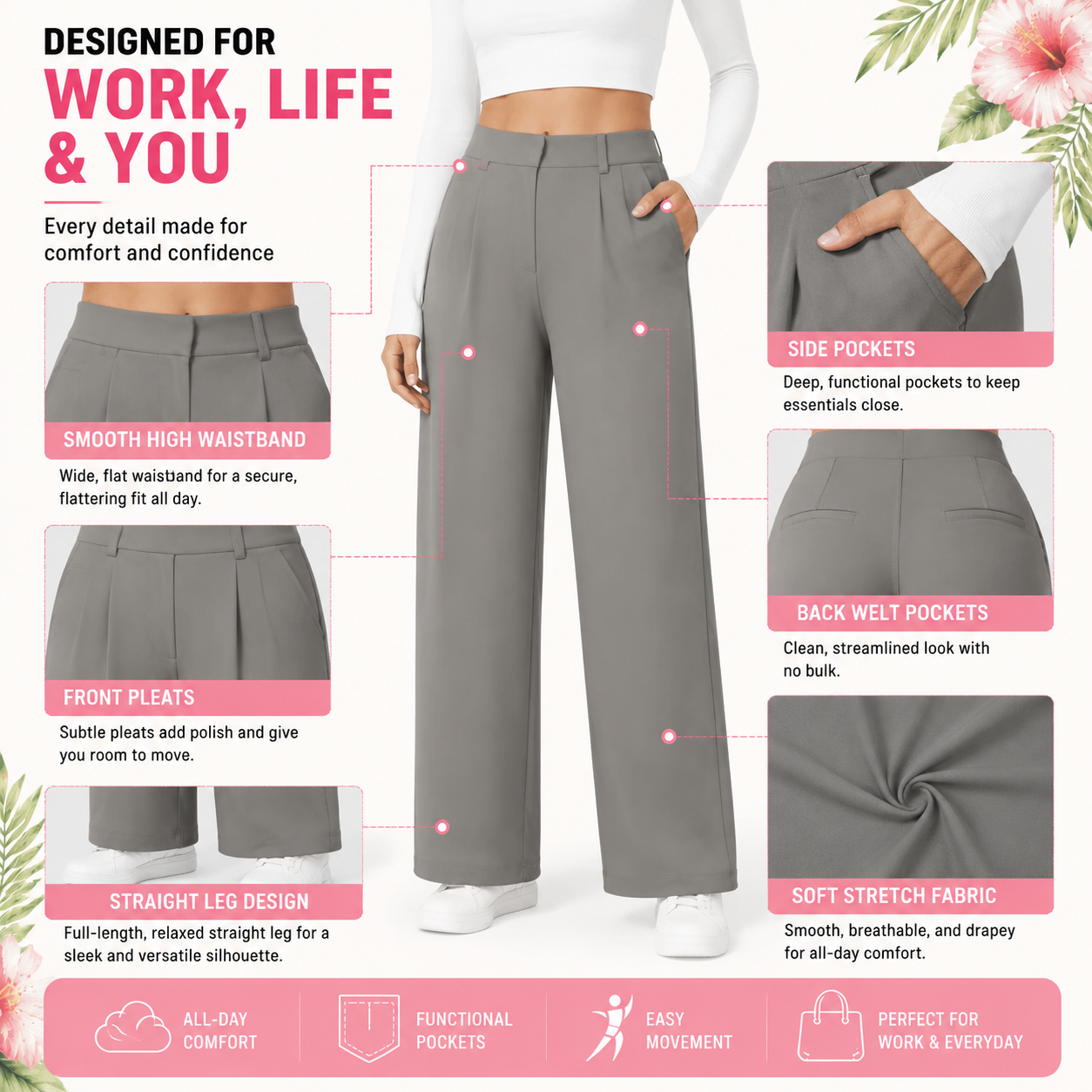 Flash Sale Women's High Waisted Straight Leg Work Pants with Side Pockets - detail