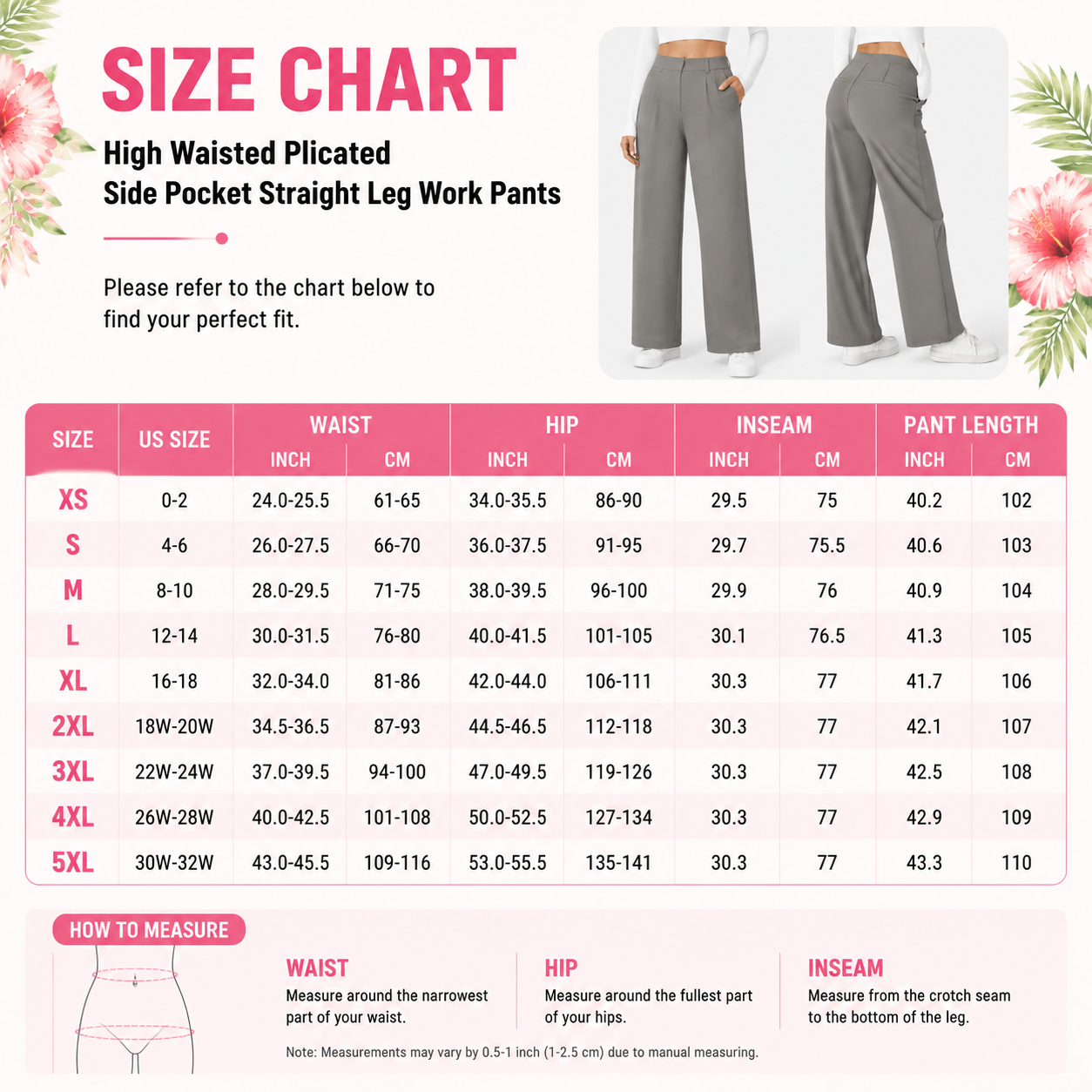 Flash Sale Women's High Waisted Straight Leg Work Pants with Side Pockets - size_chart