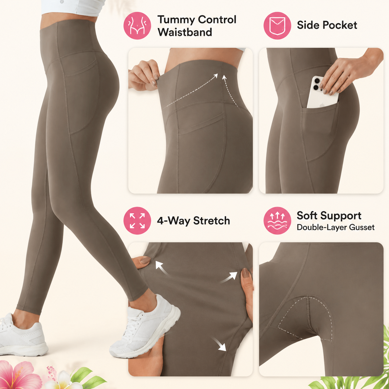 Flash Sale Women's High Waisted Tummy Control Pocket Training Leggings 8 Pack - detail