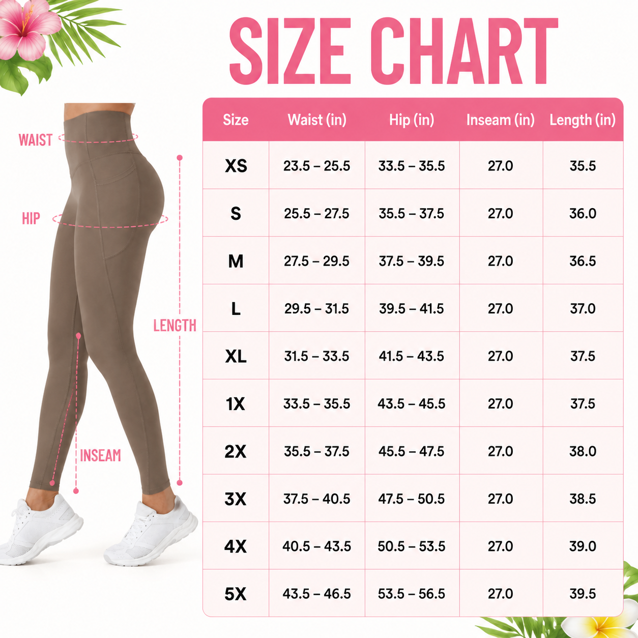 Flash Sale Women's High Waisted Tummy Control Pocket Training Leggings 8 Pack - size_chart