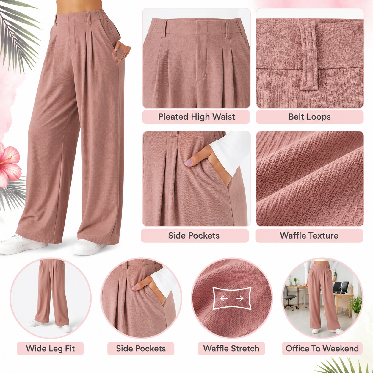 Flash Sale Women's High Waisted Wide Leg Waffle Work Pants with Side Pockets 8 Pack - detail