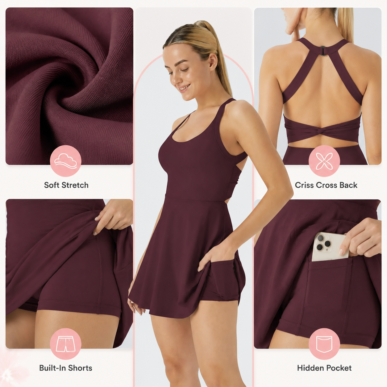 Flash Sale Women's Backless Sleeveless Criss Cross Active Dress with Pockets 8 Pack - detail