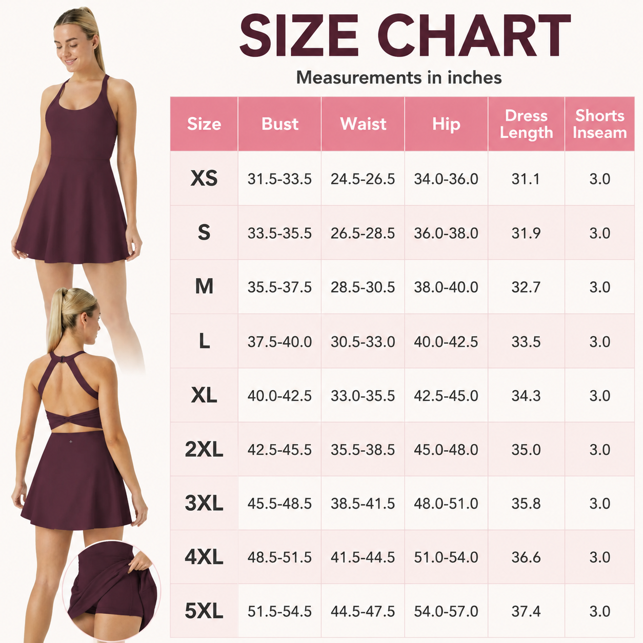 Flash Sale Women's Backless Sleeveless Criss Cross Active Dress with Pockets 8 Pack - size_chart
