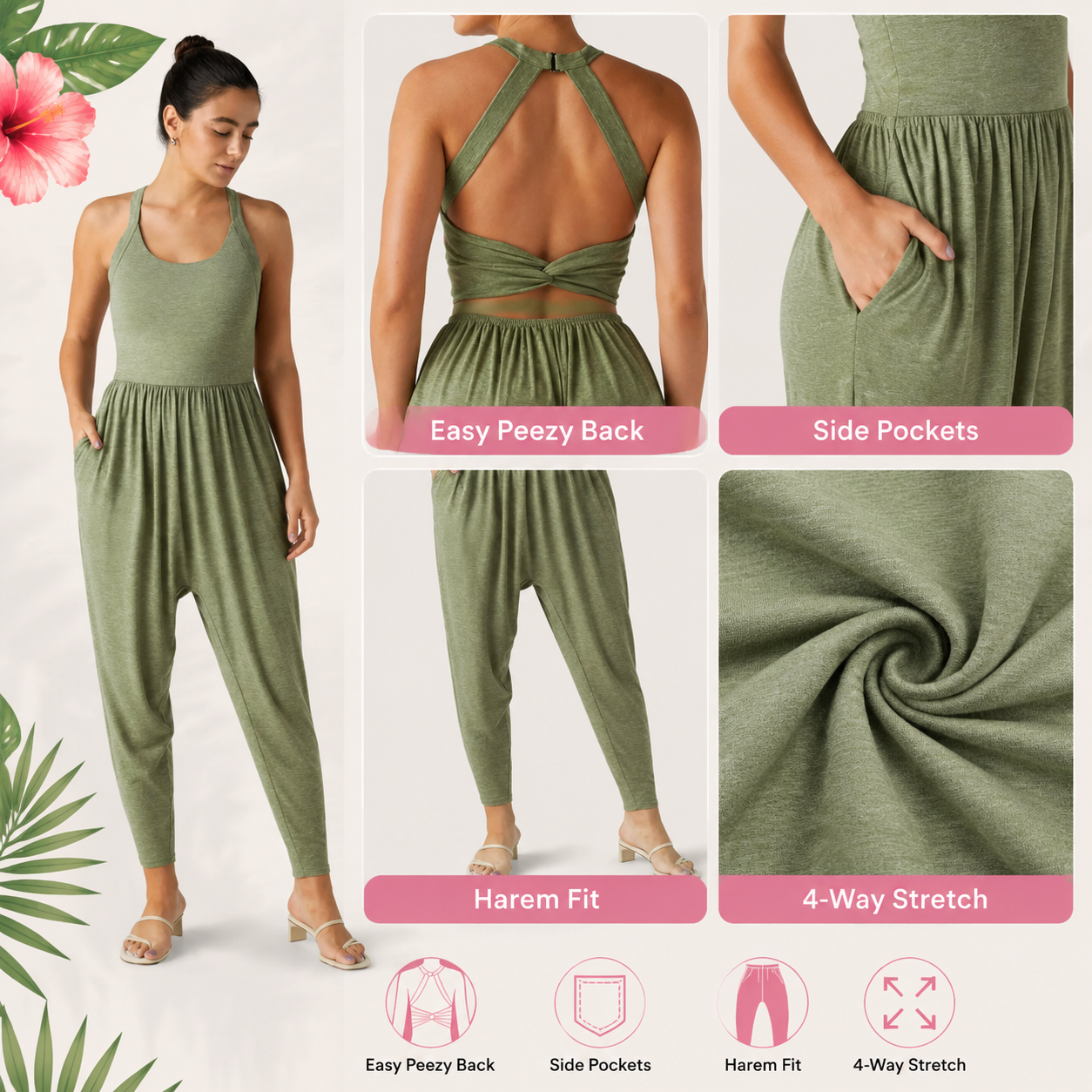 Flash Sale Women's Backless Twisted U-Neck Pocket Harem Jumpsuit 8 Pack - detail