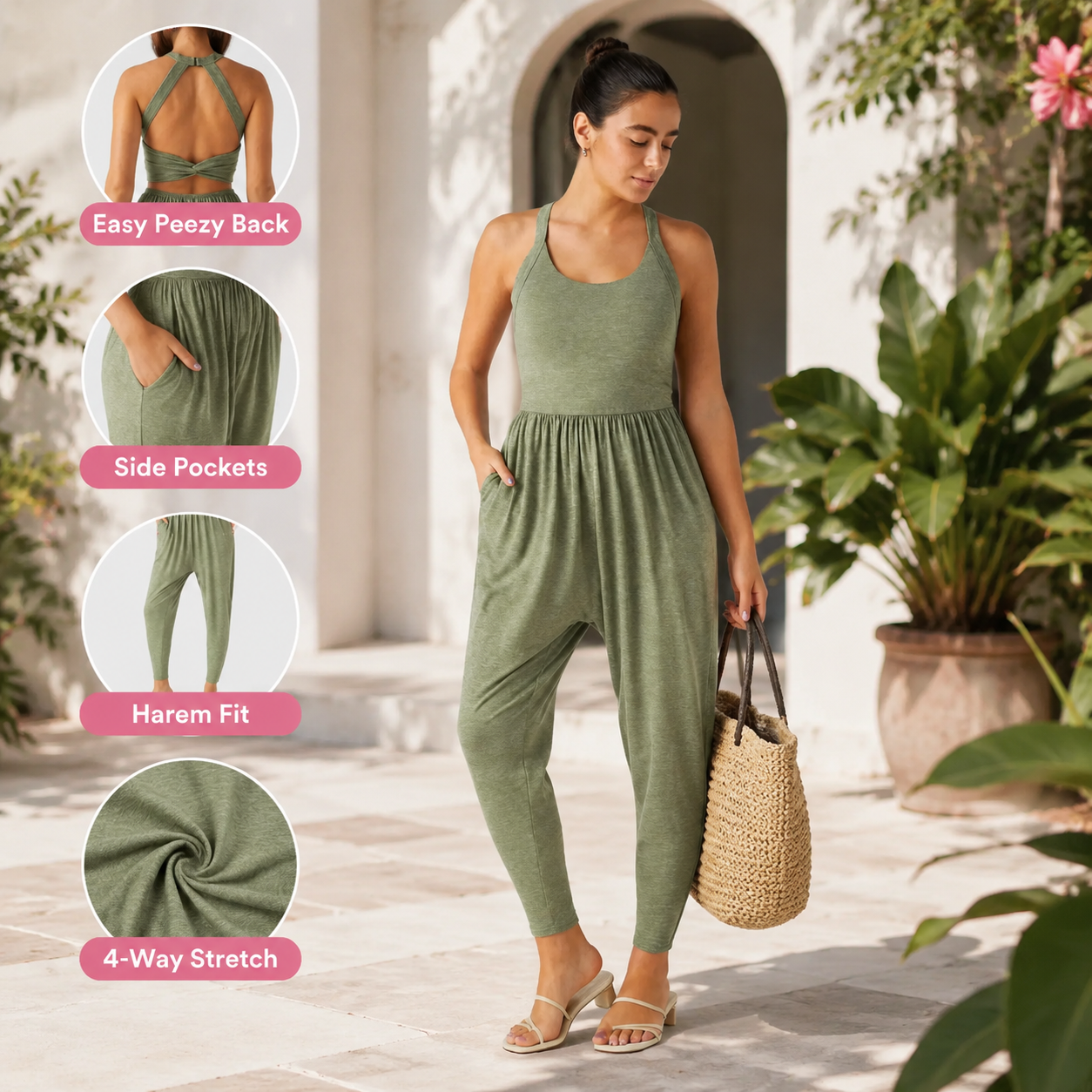 Flash Sale Women's Backless Twisted U-Neck Pocket Harem Jumpsuit 8 Pack - lifestyle