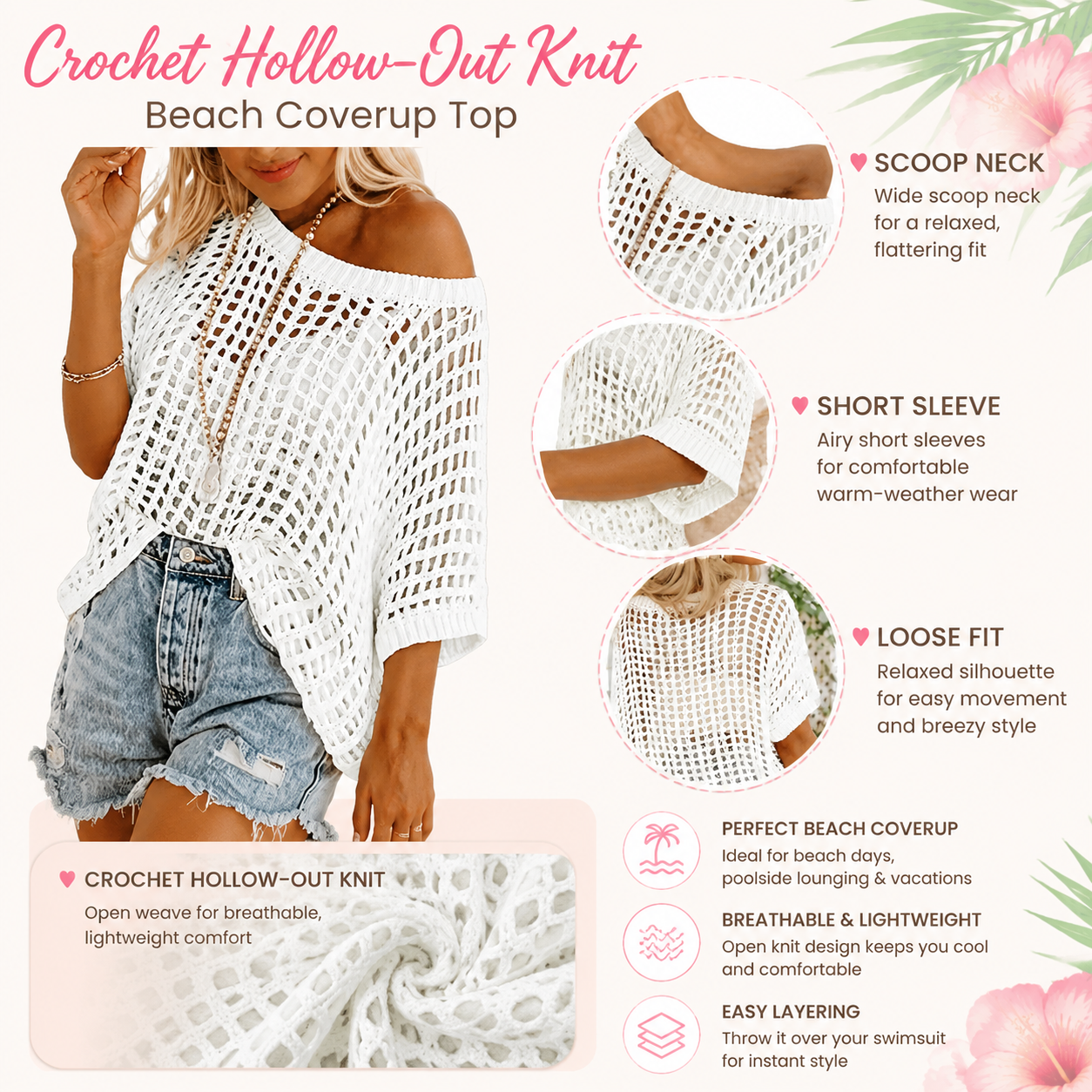 Flash Sale Women's Summer Scoop Neck Crochet Hollow-Out Knit Beach Coverup Top 8 Pack material and feature details