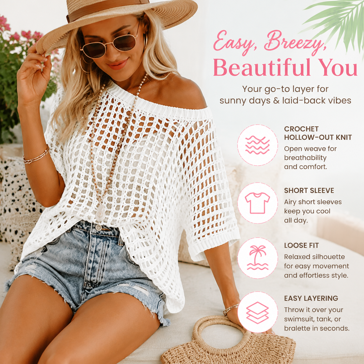 Flash Sale Women's Summer Scoop Neck Crochet Hollow-Out Knit Beach Coverup Top 8 Pack lifestyle outfit