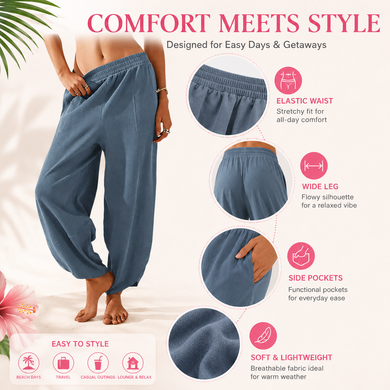 Flash Sale Women's Baggy Wide-Leg Beach Palazzo Harem Pants with Pockets 8 Pack - detail