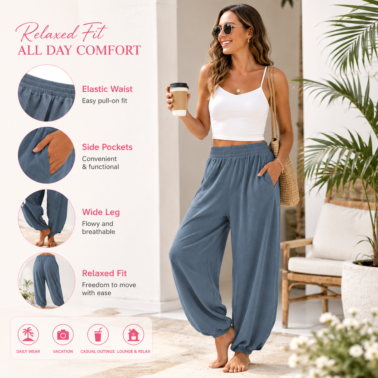Flash Sale Women's Baggy Wide-Leg Beach Palazzo Harem Pants with Pockets 8 Pack - lifestyle
