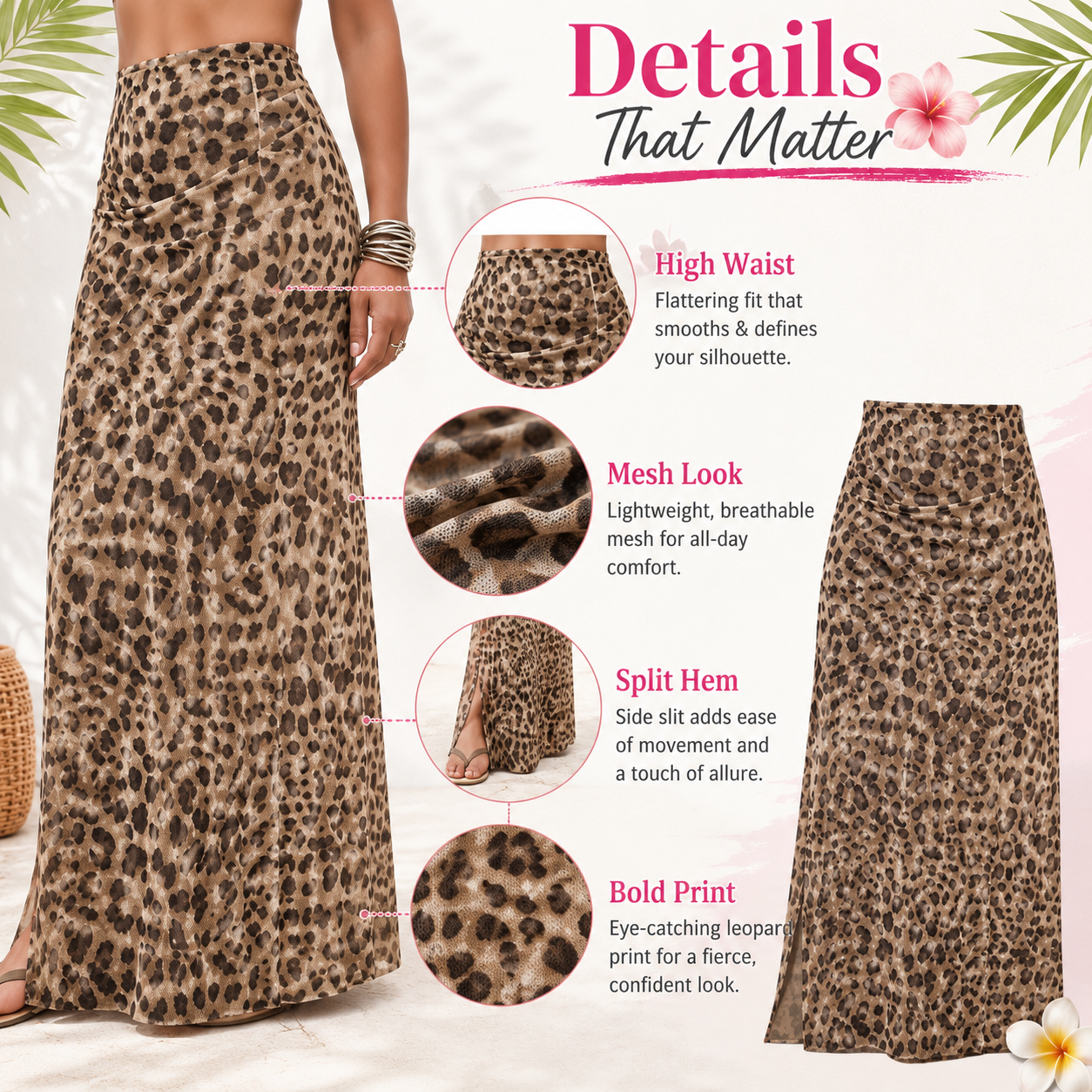 Flash Sale Women's High Waisted Leopard Print Mesh Long Skirt 8 Pack - detail