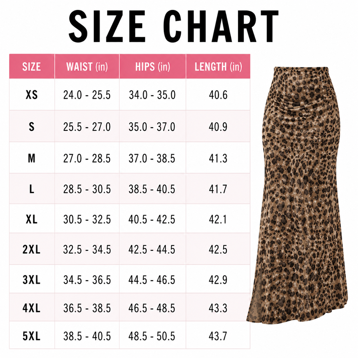 Flash Sale Women's High Waisted Leopard Print Mesh Long Skirt 8 Pack - size_chart