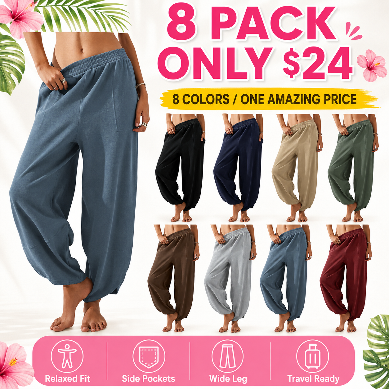 Flash Sale Women's Baggy Wide-Leg Palazzo Harem Pants with Pockets 8 Pack - main