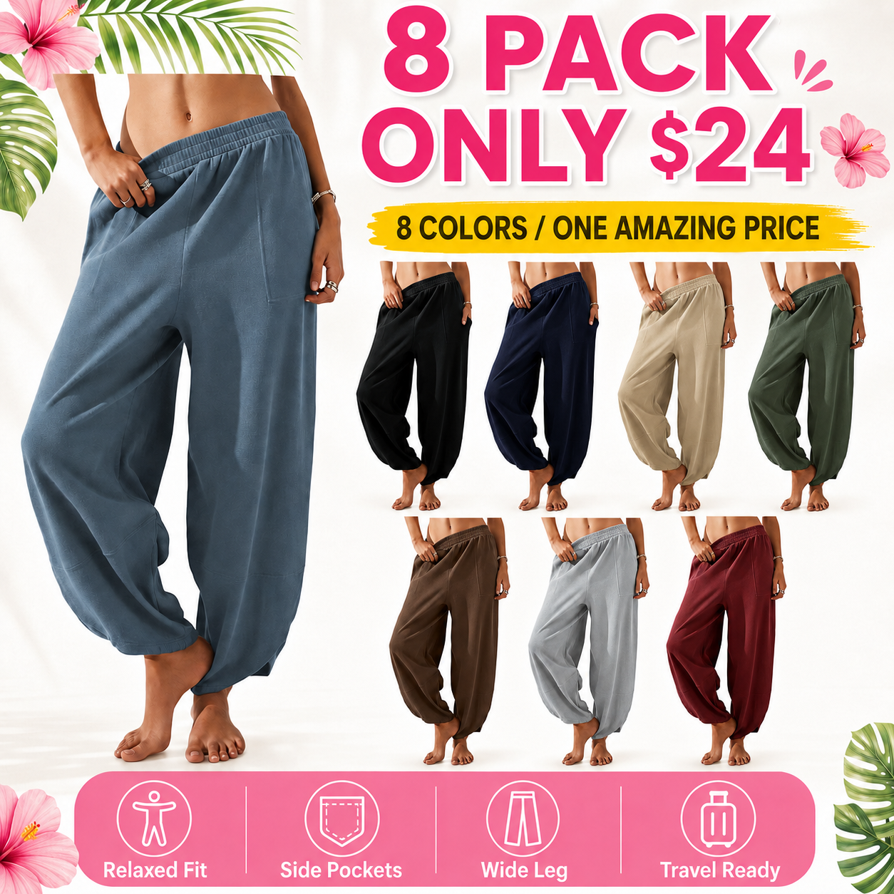 Flash Sale Women's Baggy Wide-Leg Palazzo Harem Pants with Pockets 8 Pack - secondary