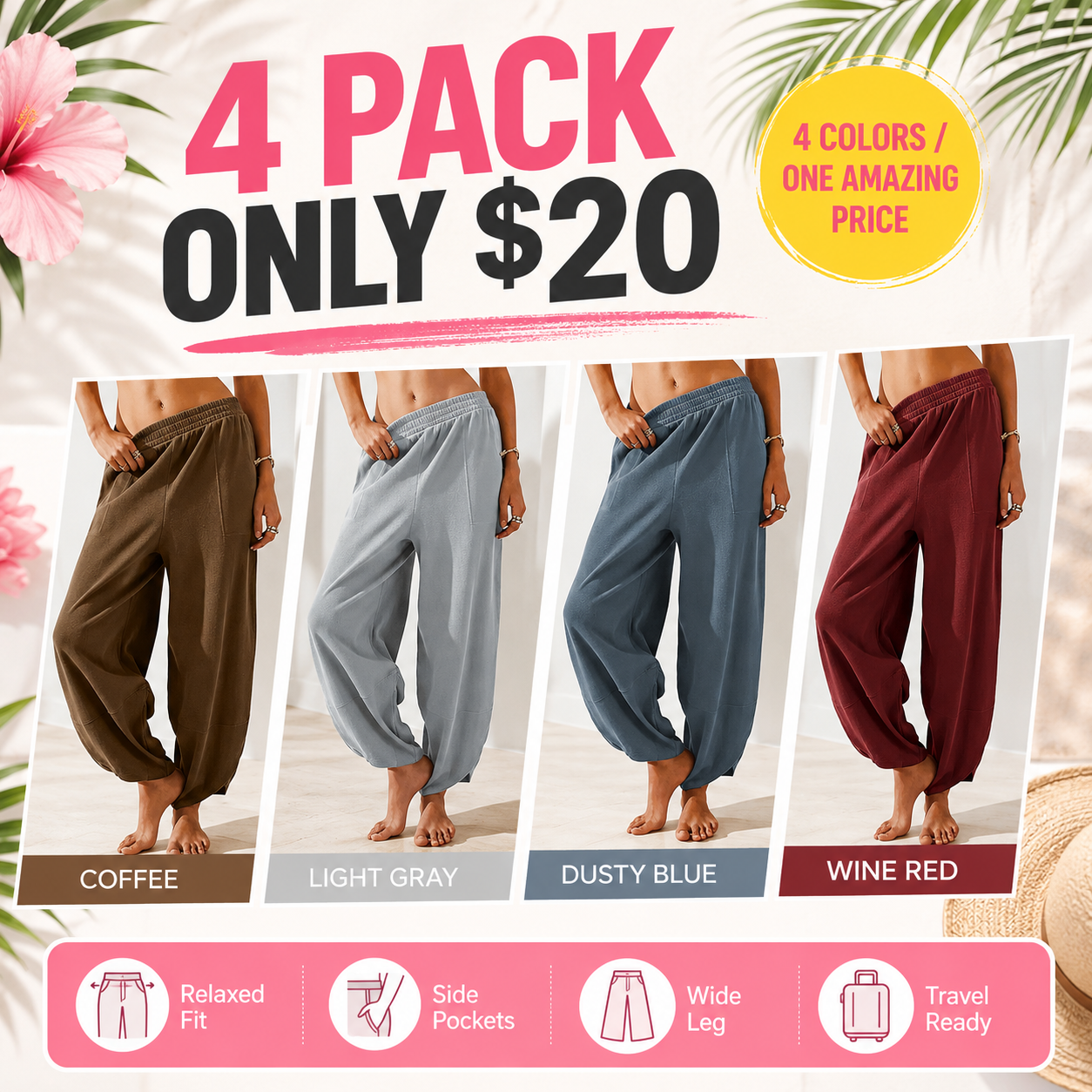 Flash Sale Women's Baggy Wide-Leg Palazzo Harem Pants with Pockets 8 Pack - secondary
