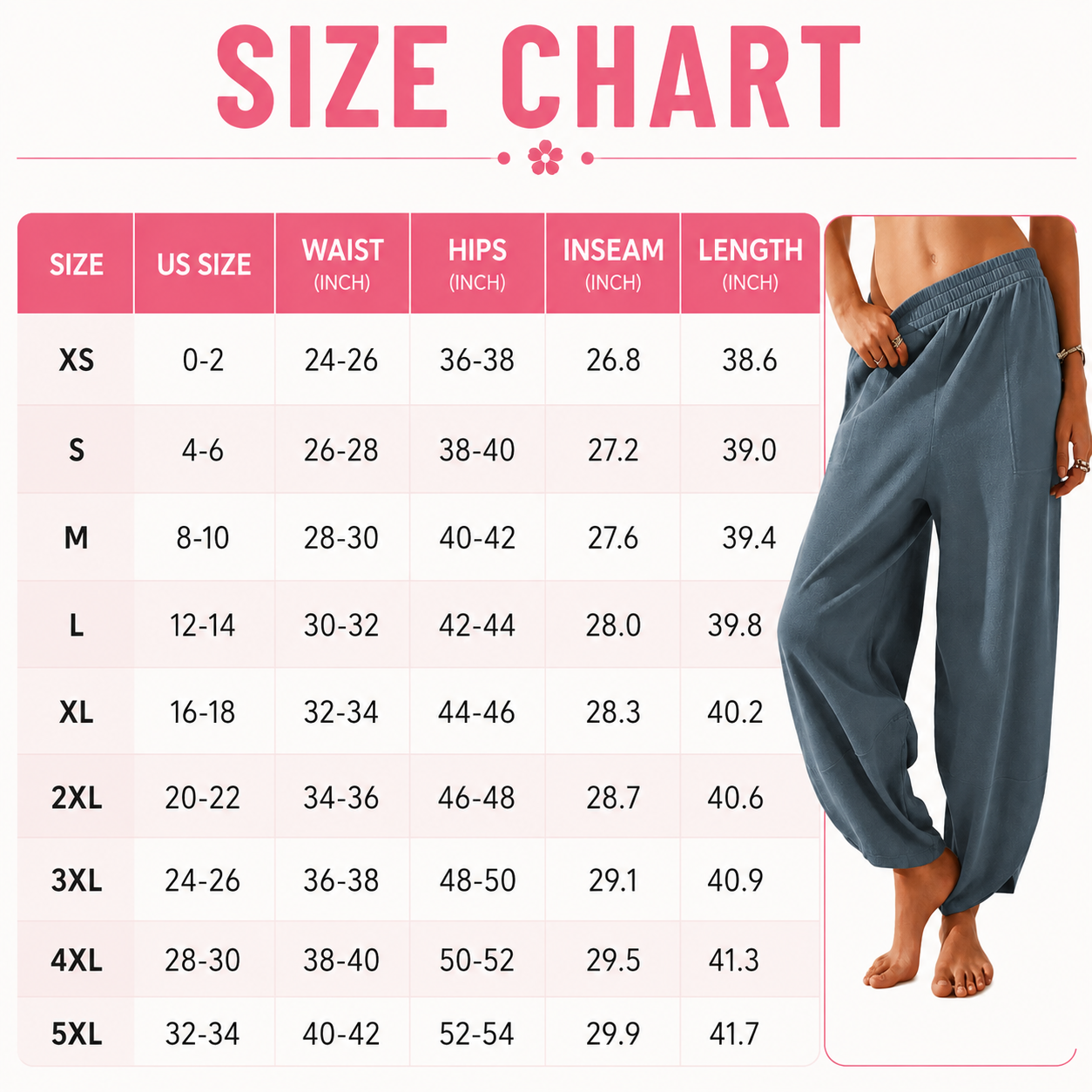 Flash Sale Women's Baggy Wide-Leg Palazzo Harem Pants with Pockets 8 Pack - size_chart