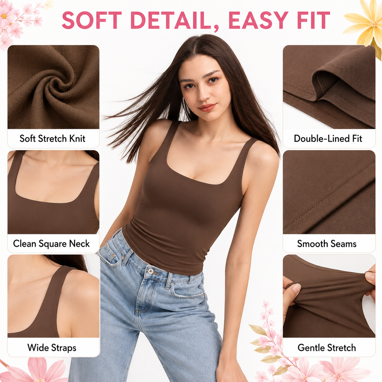 Flash Sale Women's Square Neck Tank Top, Wide Strap Buttery Soft Cami, Double Layer Stretchy Top, Comfortable Everyday Essential summerwins 8 Pack - detail