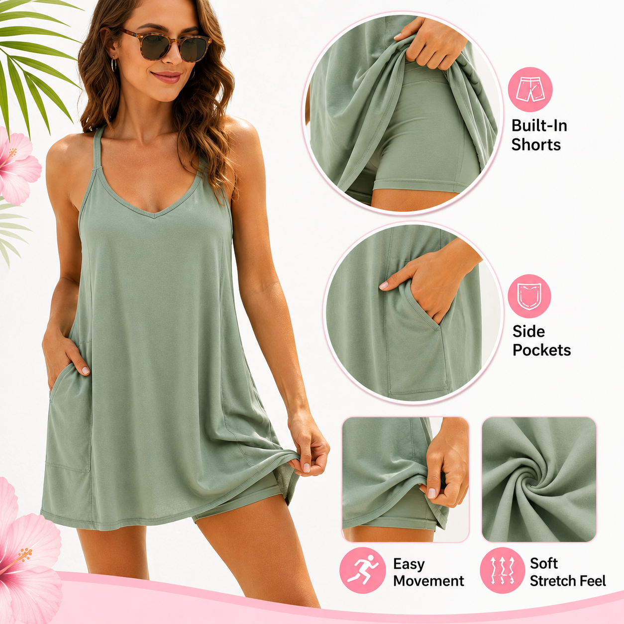 Flash Sale Women's Summer Sleeveless Mini Dress V Neck Spaghetti Straps Athletic Built-in Shorts Sundress SummerVibes 8 Pack - detail