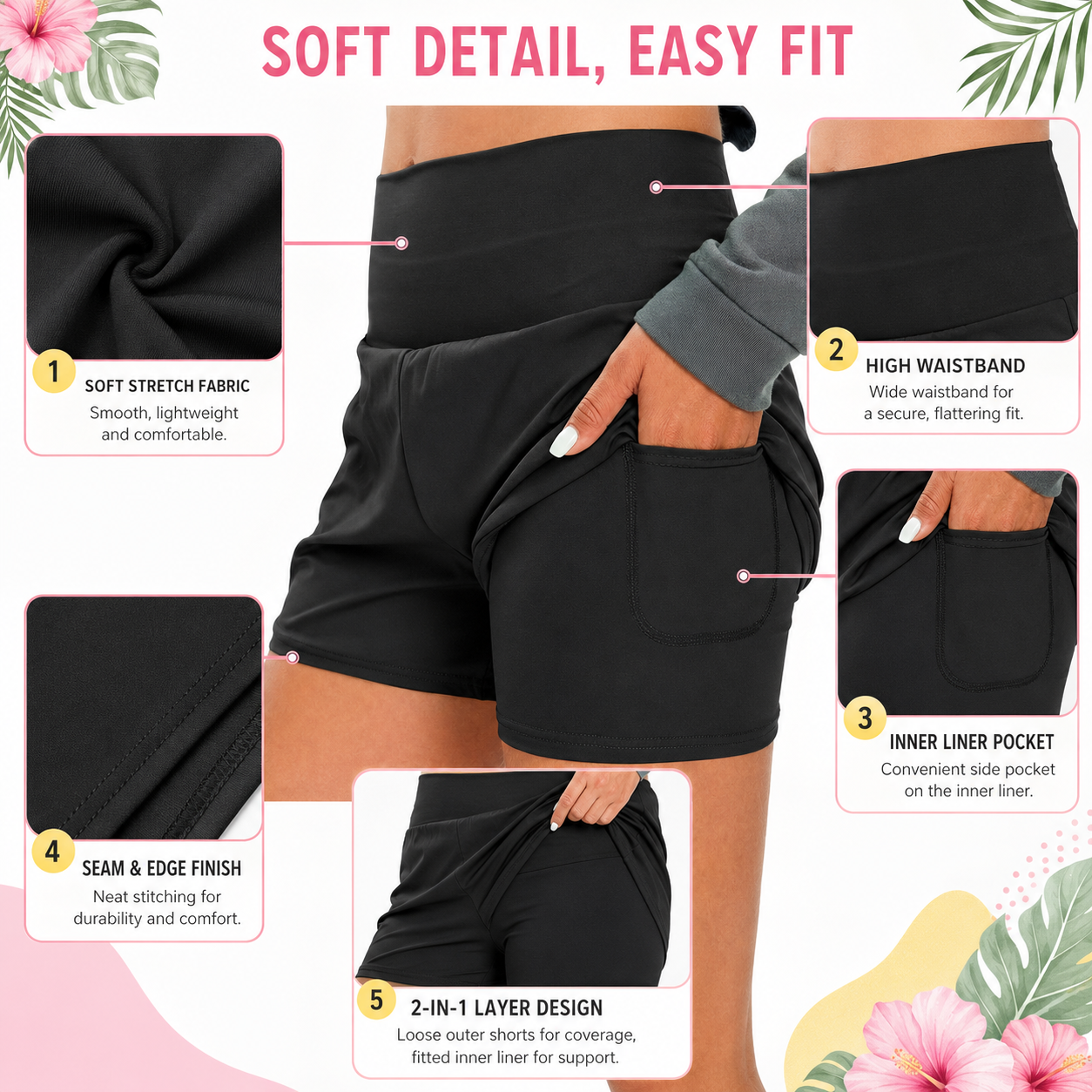 Flash Sale Women's 2 In 1 Pocket High Waist Sports Shorts, Casual Comfy High Stretch Yoga Bottoms For Gym Workout Running, Summer Clothes Women, Ladies Summer Sportswear, Fitness Yoga Shorts, Athleisure Gym Shorts 8 Pack material and feature details