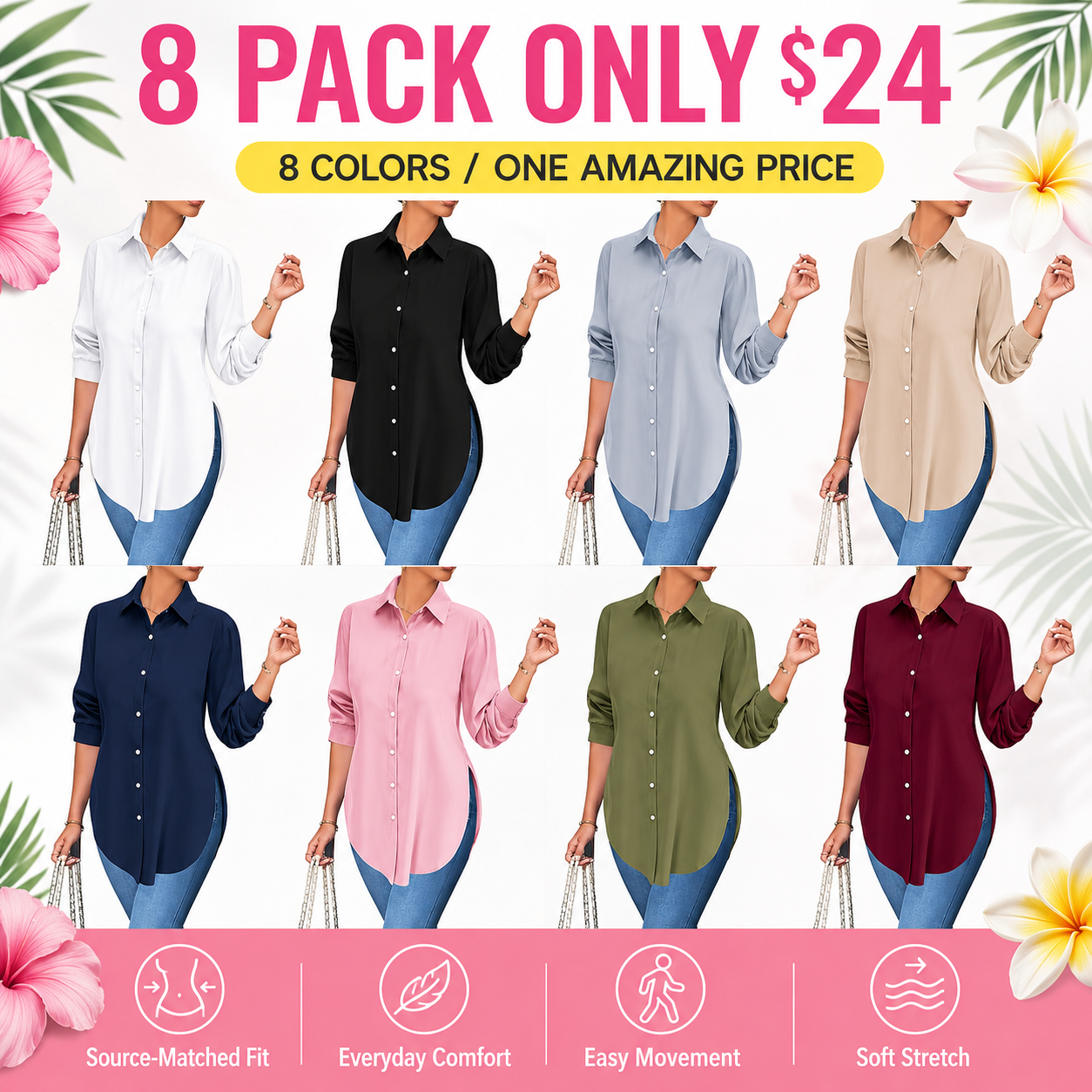 Flash Sale Women's Long Sleeve Shirt, Fitted Outer Shell, Moderate Fabric Thickness, Casual Style, Spring & Fall Wear 8 Pack - main