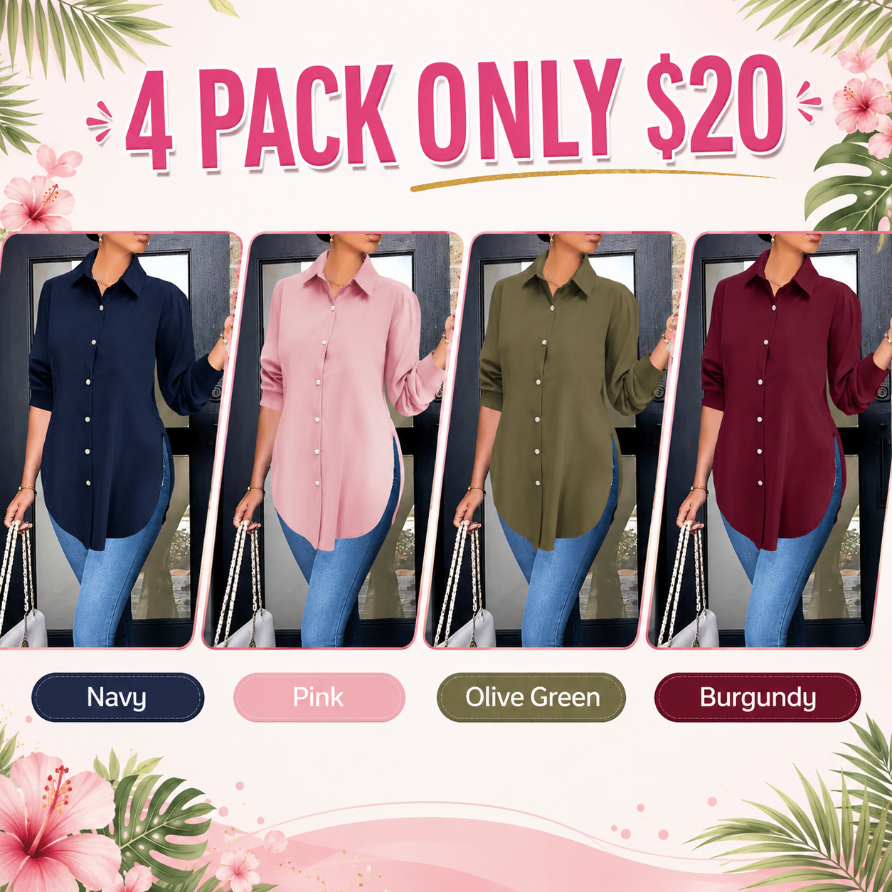 Flash Sale Women's Long Sleeve Shirt, Fitted Outer Shell, Moderate Fabric Thickness, Casual Style, Spring & Fall Wear 8 Pack - secondary