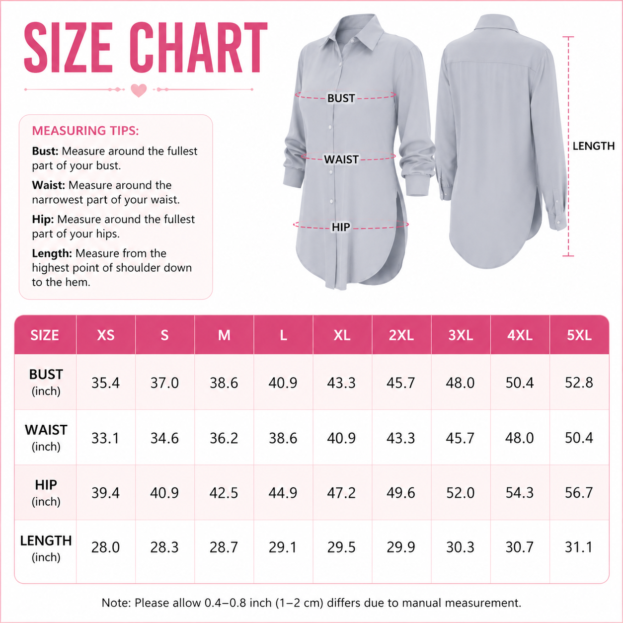 Flash Sale Women's Long Sleeve Shirt, Fitted Outer Shell, Moderate Fabric Thickness, Casual Style, Spring & Fall Wear 8 Pack - size_chart