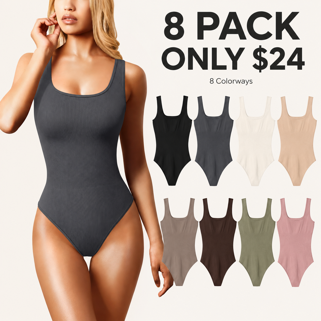 Flash Sale Women's 3 Piece Ribbed Sleeveless Square Neck Bodysuit Set 8 Pack - main