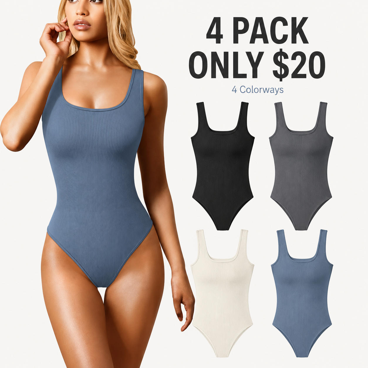 Flash Sale Women's 3 Piece Ribbed Sleeveless Square Neck Bodysuit Set 8 Pack - secondary