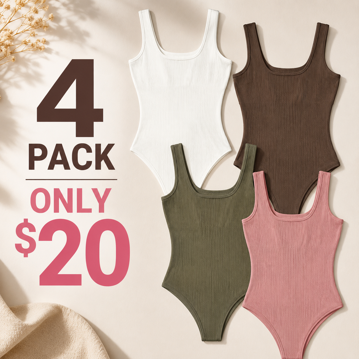 Flash Sale Women's 3 Piece Ribbed Sleeveless Square Neck Bodysuit Set 8 Pack - secondary