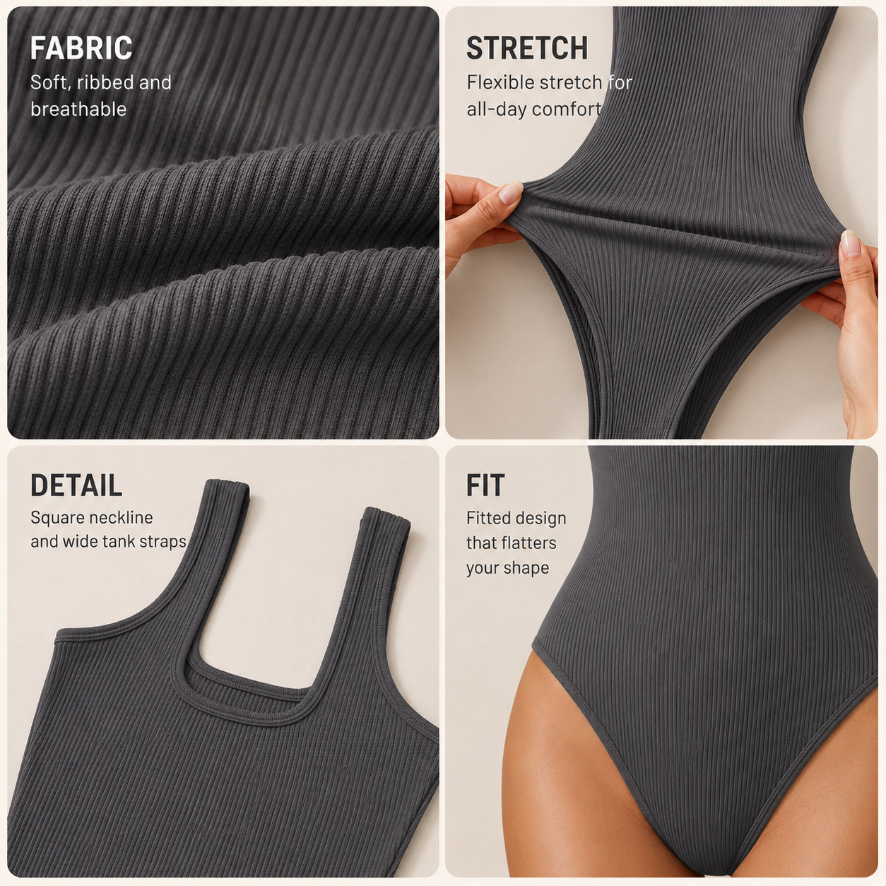 Flash Sale Women's 3 Piece Ribbed Sleeveless Square Neck Bodysuit Set 8 Pack material and feature details