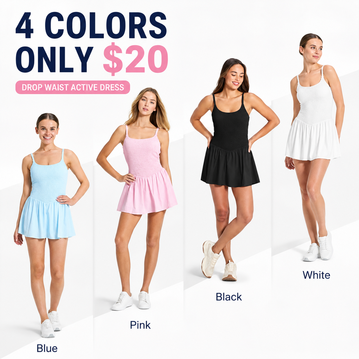 Flash Sale Women's Drop Waist Smocked Active Dress 8 Pack - 2332 p002 02 marketing 4pack a