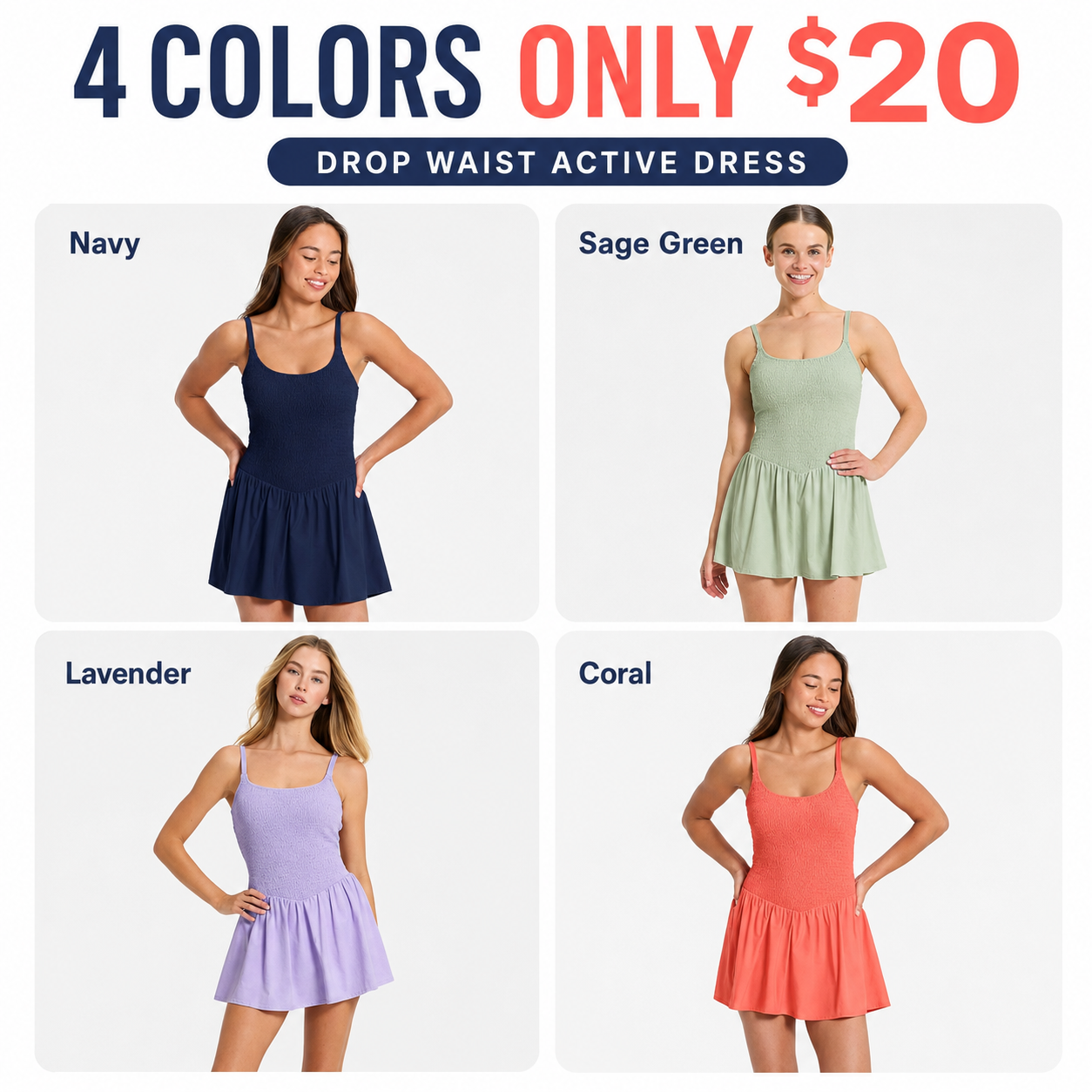 Flash Sale Women's Drop Waist Smocked Active Dress 8 Pack - 2332 p002 03 marketing 4pack b