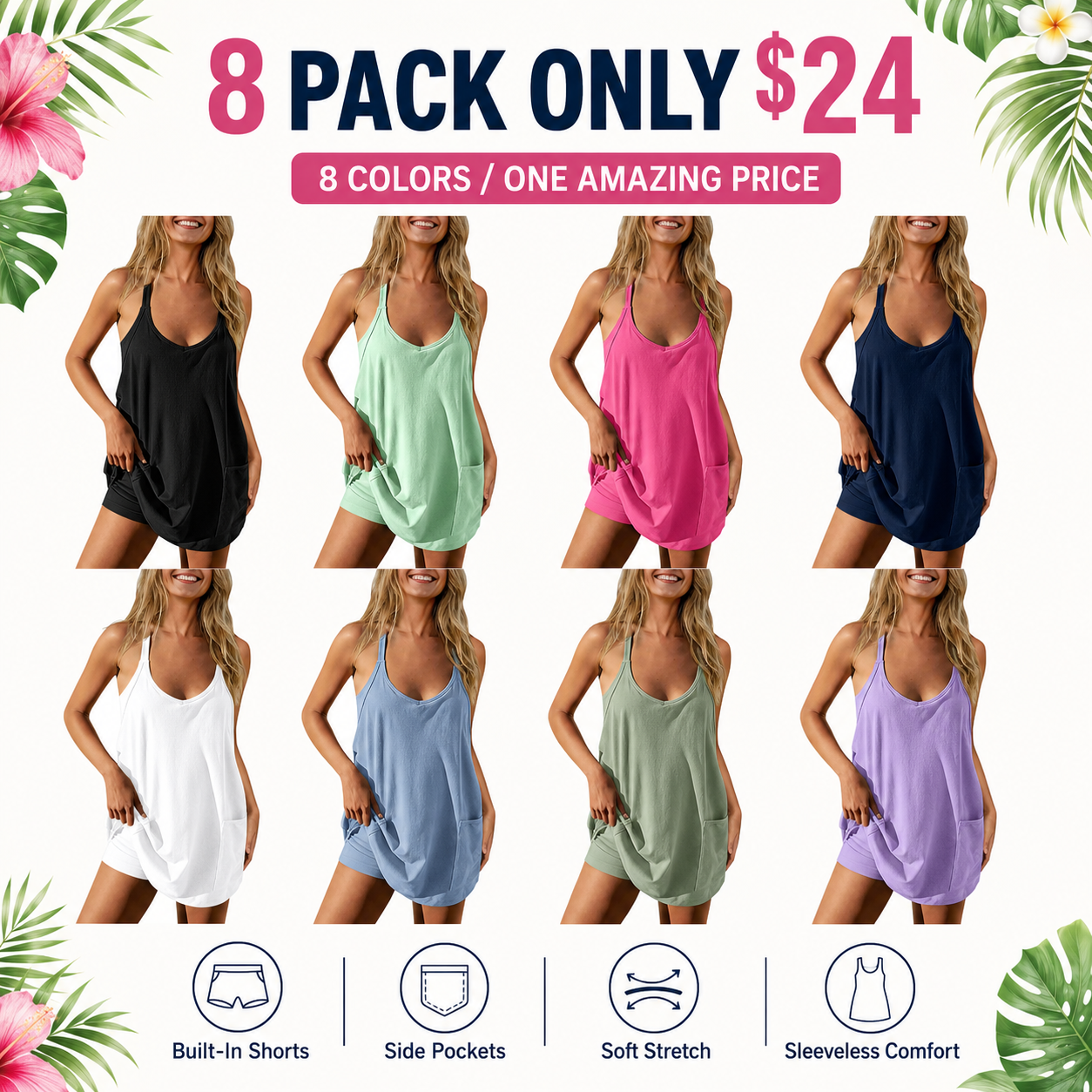 Flash Sale Women's Summer Sleeveless Mini Dress with Pockets 8 Pack - main