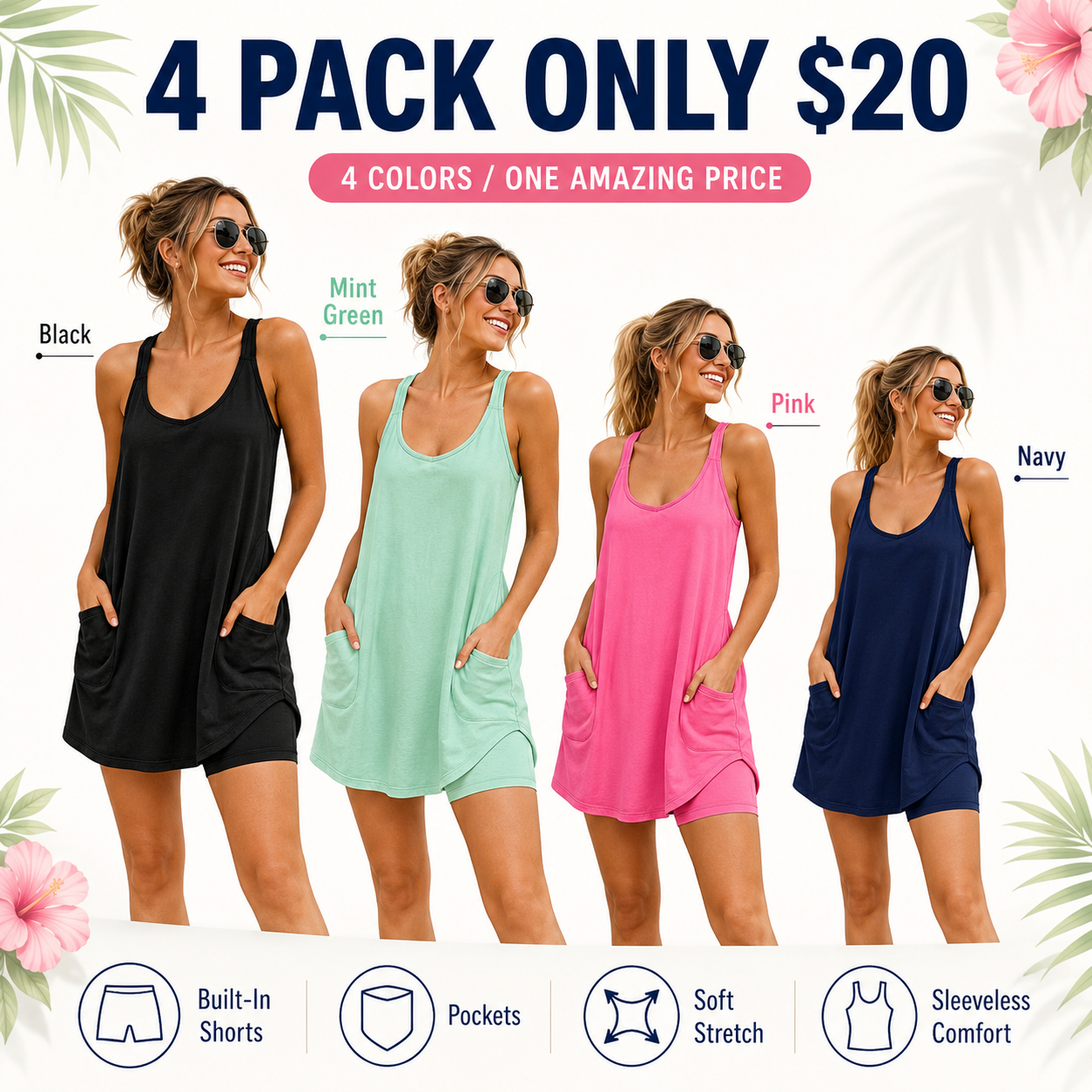 Flash Sale Women's Summer Sleeveless Mini Dress with Pockets 8 Pack - secondary
