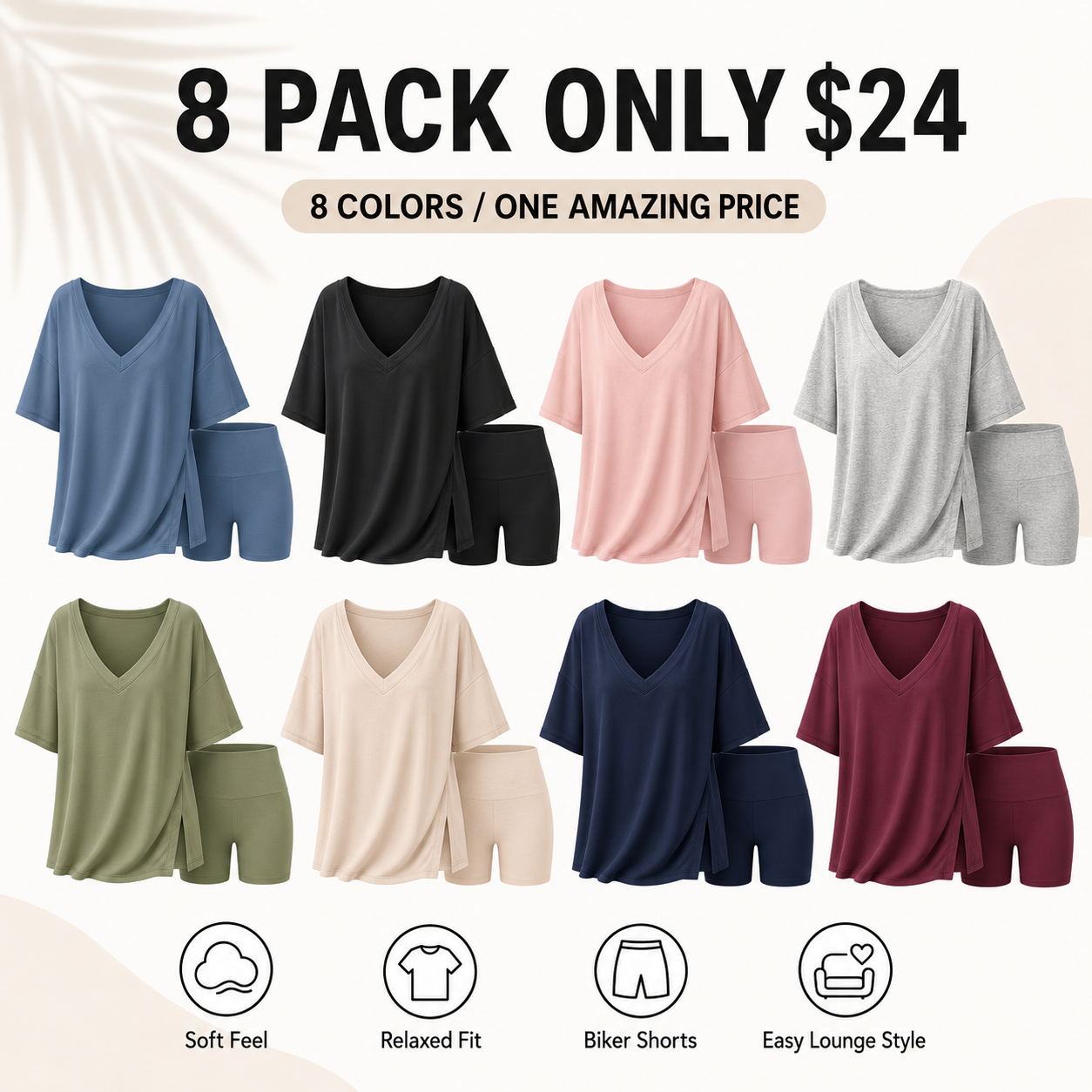 Flash Sale V-Neck Two-Piece Pajama Lounge Set with Biker Shorts 8 Pack - 2332 p005 01 marketing 8pack