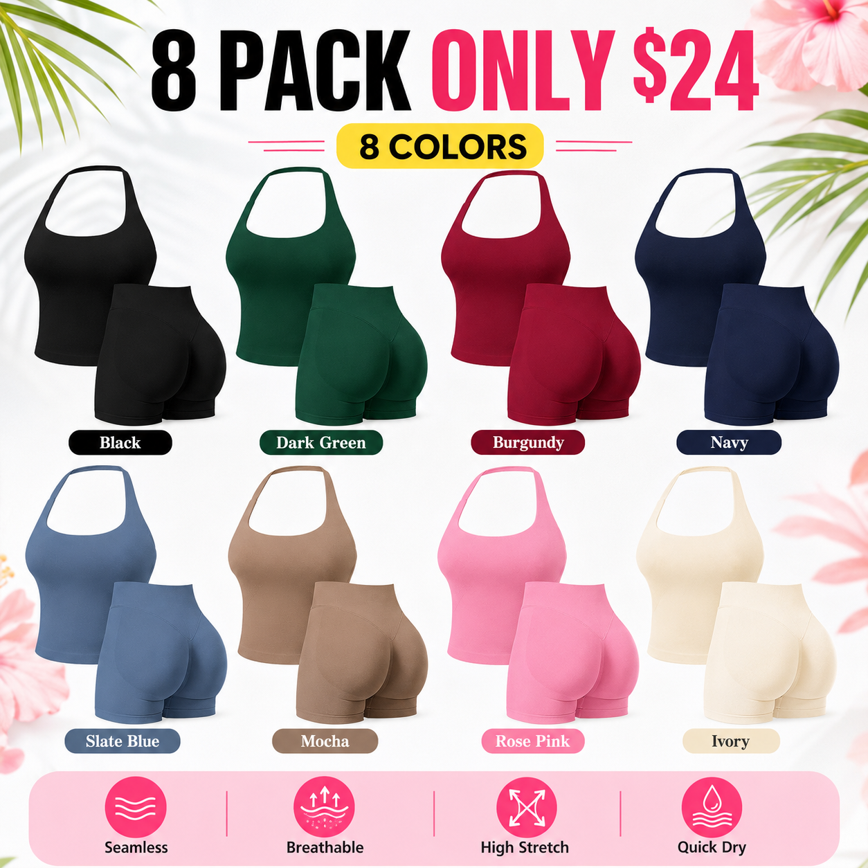 Flash Sale Seamless Workout Sets for Women, Halter Tank Top & Gym Scrunched Shorts Sports Set 8 Pack - main