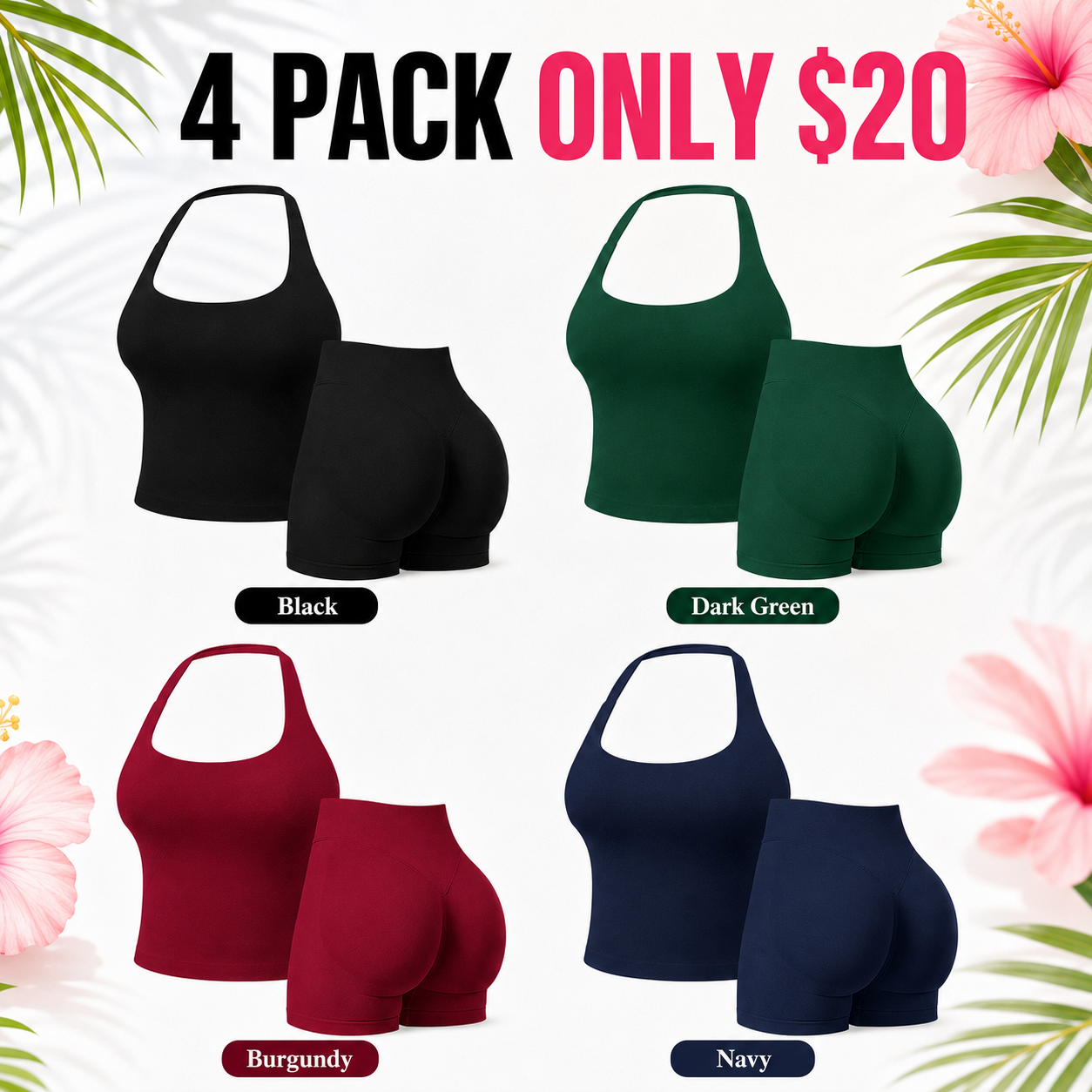 Flash Sale Seamless Workout Sets for Women, Halter Tank Top & Gym Scrunched Shorts Sports Set 8 Pack - secondary_pack_a