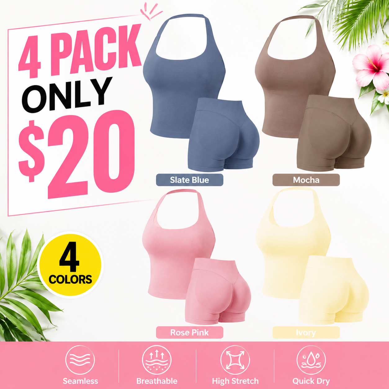 Flash Sale Seamless Workout Sets for Women, Halter Tank Top & Gym Scrunched Shorts Sports Set 8 Pack - secondary_pack_b