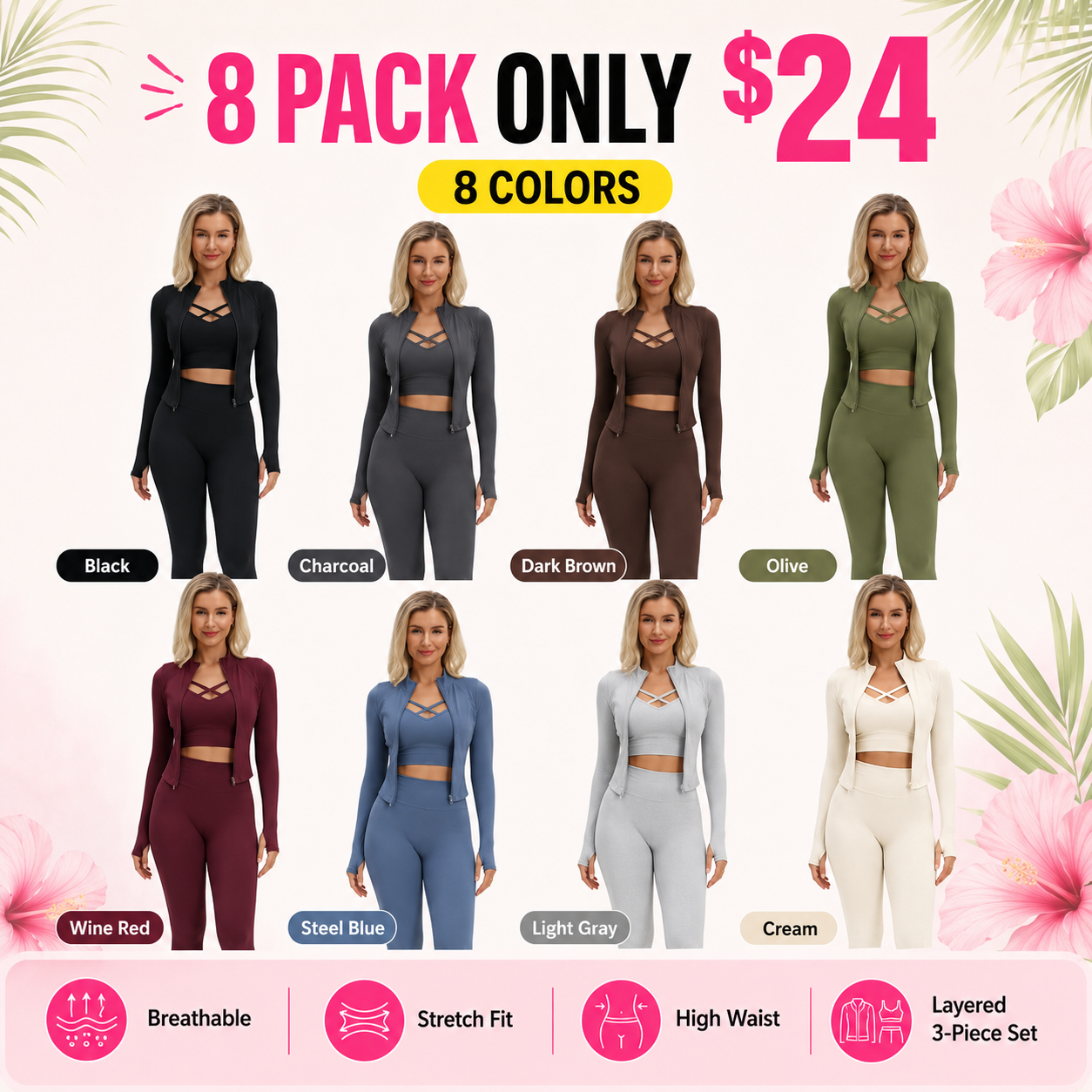 Flash Sale Women's Solid Criss Cross Crop Tank Top & High Waist Leggings & Zip Up Crop Jacket Tracksuit Set 8 Pack - main