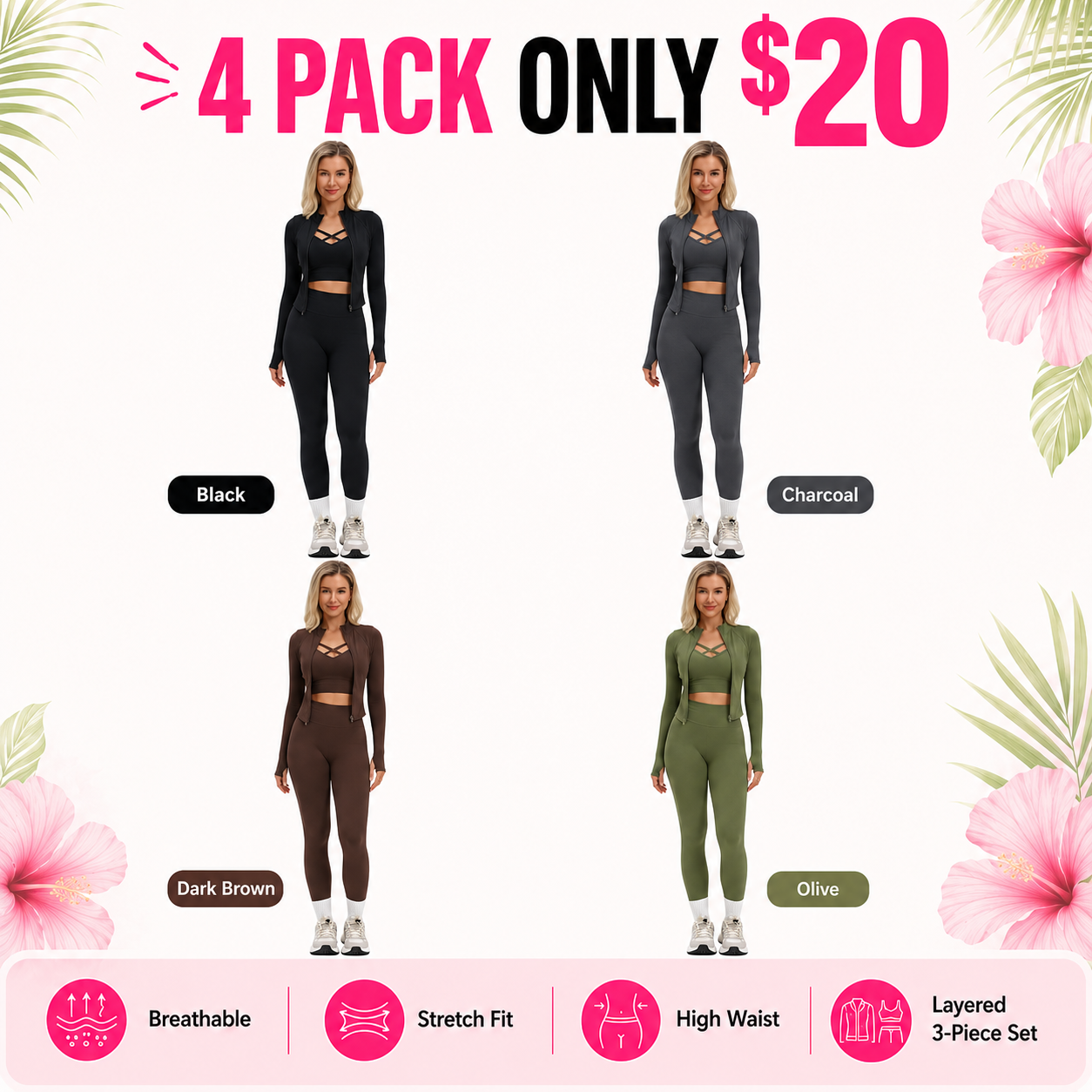 Flash Sale Women's Solid Criss Cross Crop Tank Top & High Waist Leggings & Zip Up Crop Jacket Tracksuit Set 8 Pack - secondary_pack_a