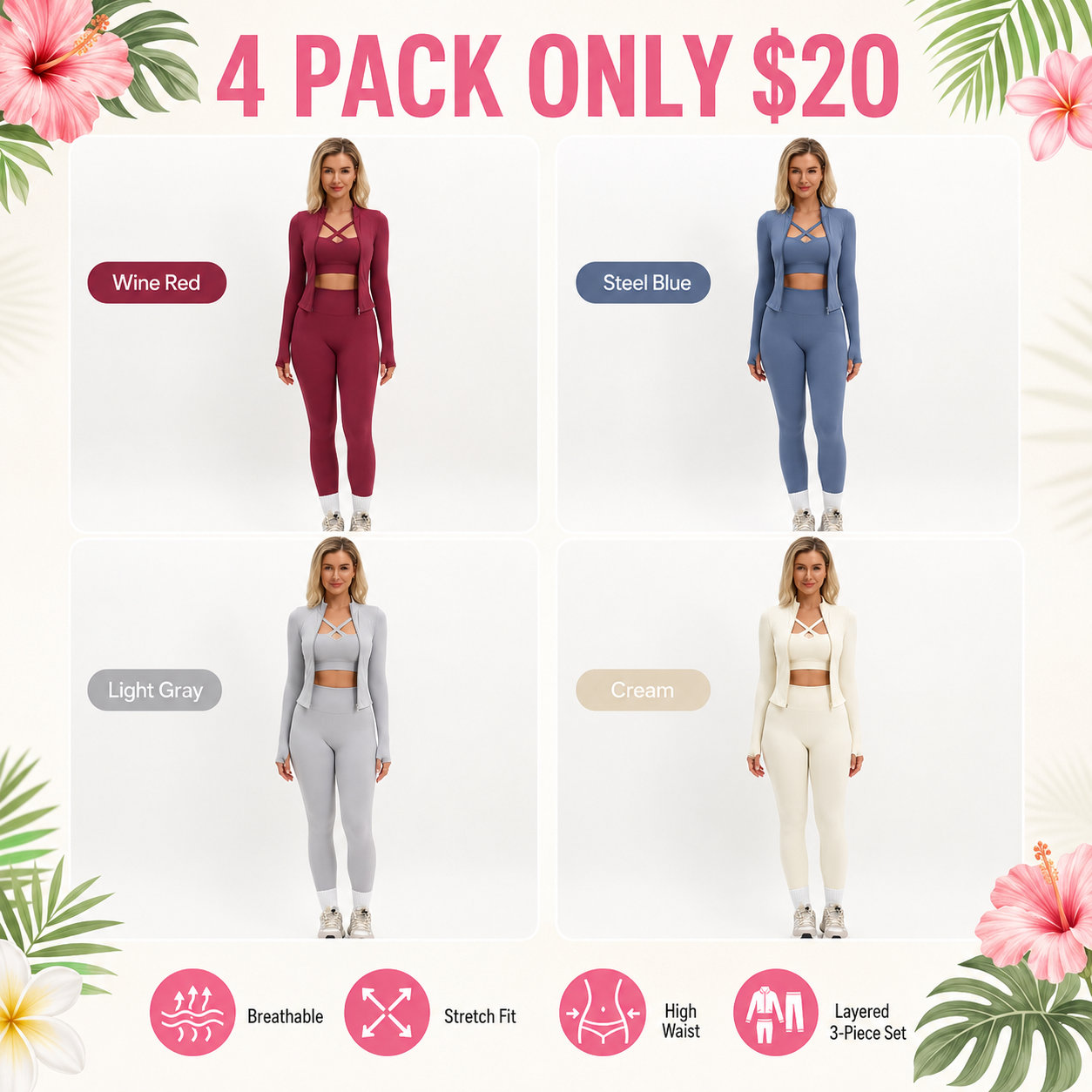 Flash Sale Women's Solid Criss Cross Crop Tank Top & High Waist Leggings & Zip Up Crop Jacket Tracksuit Set 8 Pack - secondary_pack_b