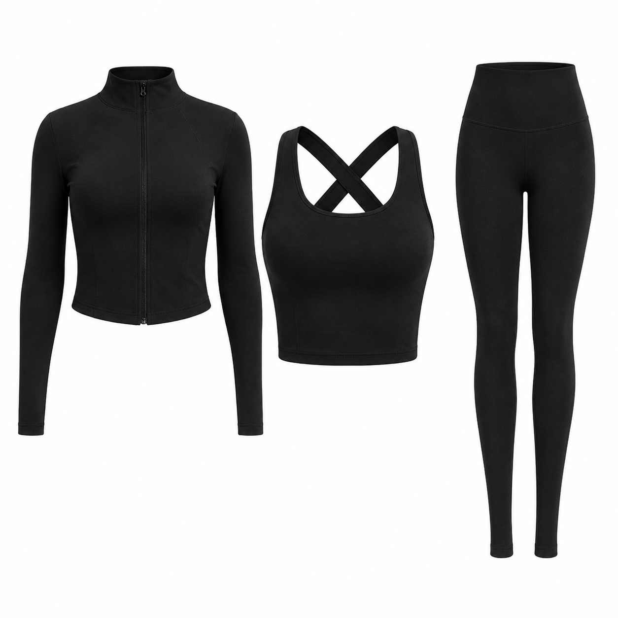 Flash Sale Women's Solid Criss Cross Crop Tank Top & High Waist Leggings & Zip Up Crop Jacket Tracksuit Set 8 Pack - white_bg_01