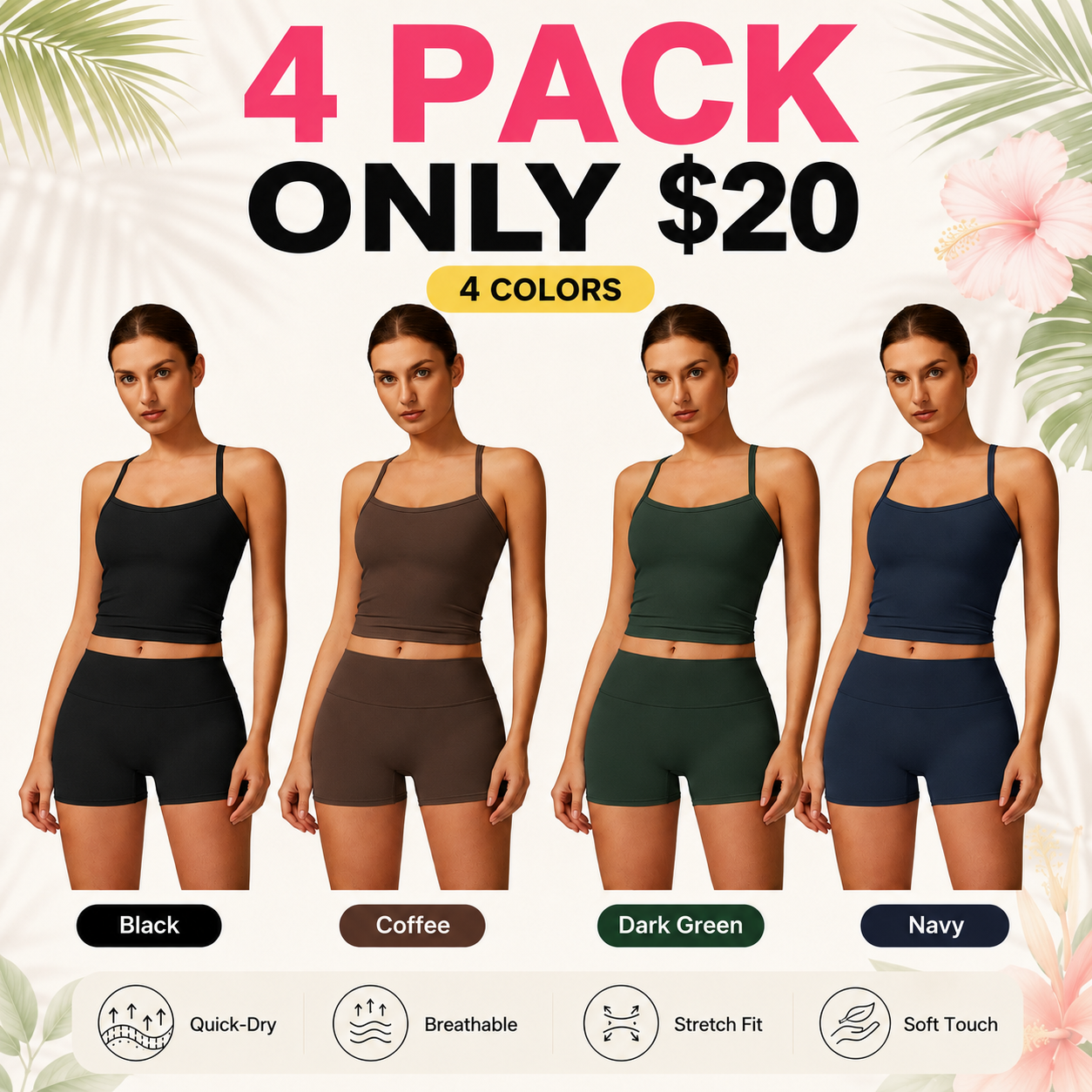 Flash Sale Women's Solid Backless Crop Cami Top & Shorts Set 8 Pack - secondary_pack_a