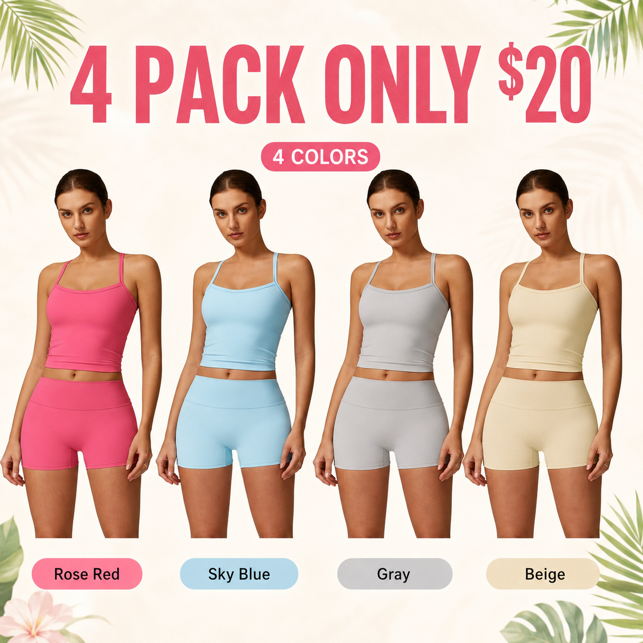 Flash Sale Women's Solid Backless Crop Cami Top & Shorts Set 8 Pack - secondary_pack_b