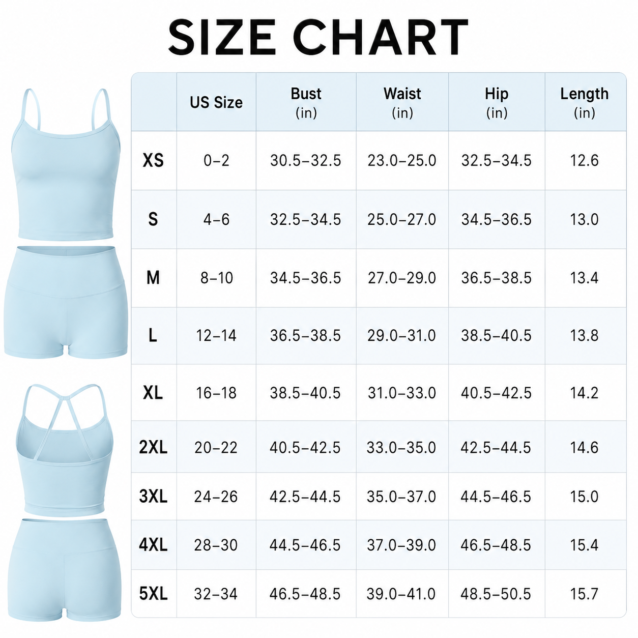 Flash Sale Women's Solid Backless Crop Cami Top & Shorts Set 8 Pack - size_chart