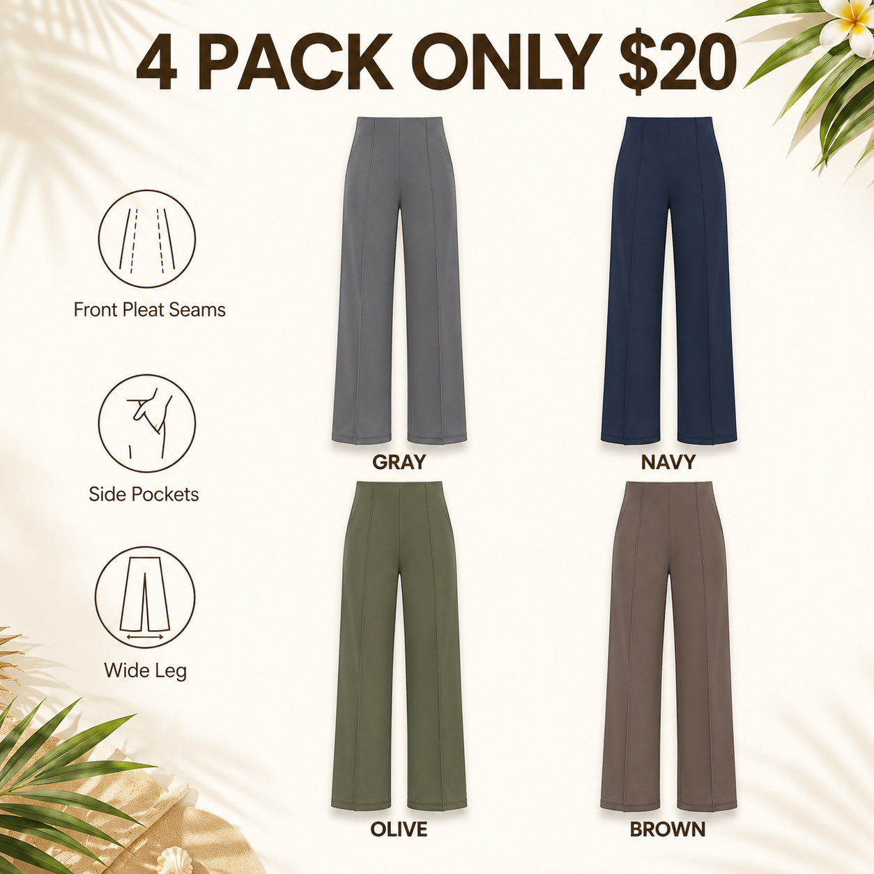 Flash Sale G4Free Wide Leg Pants for Women High Waisted Soft Stretchy with Pockets 8 Pack - marketing_4pack_b