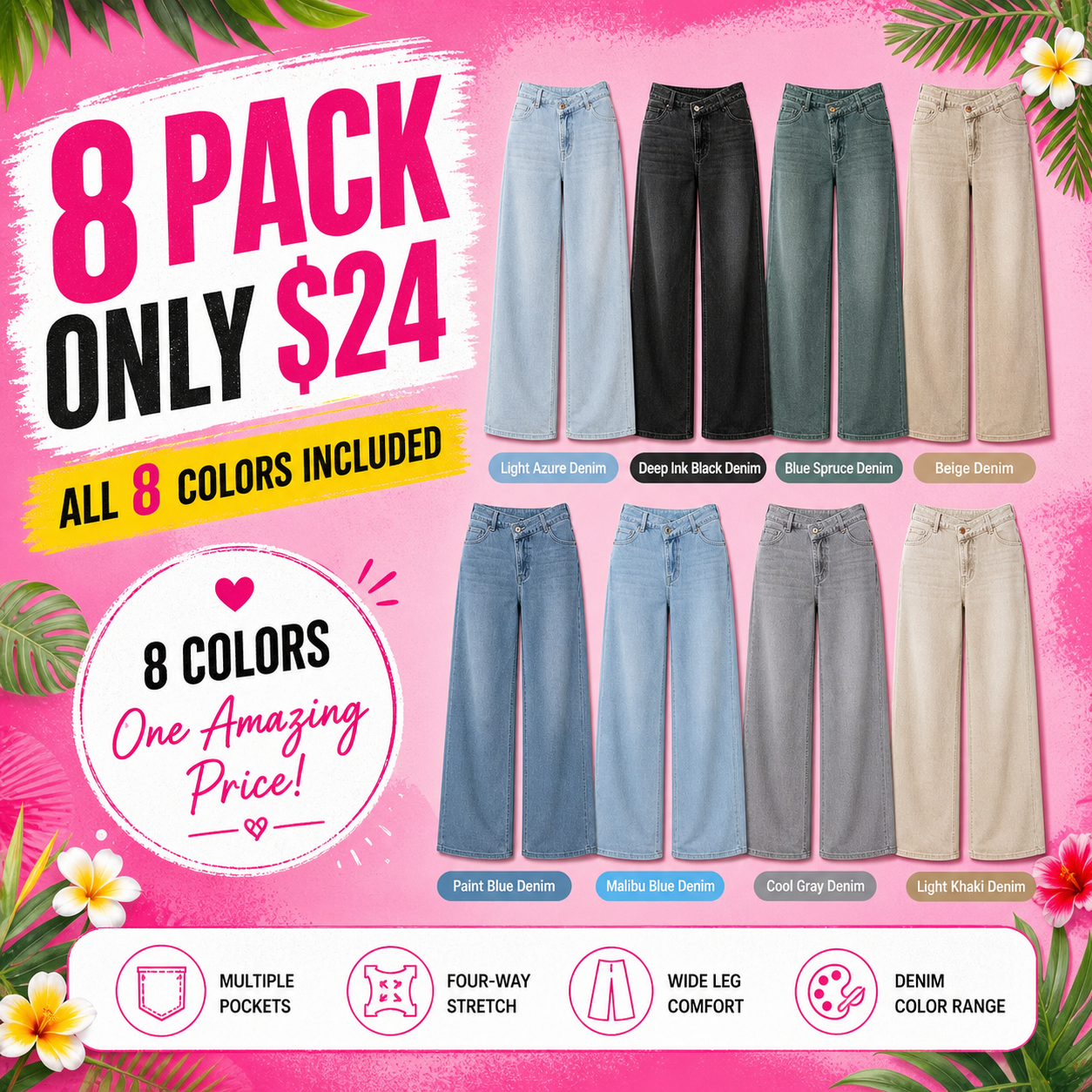 Flash Sale Flex Asymmetric Low Rise Zipper Pockets Baggy Wide Leg Washed Casual Jeans 8 Pack - marketing_main_8pack