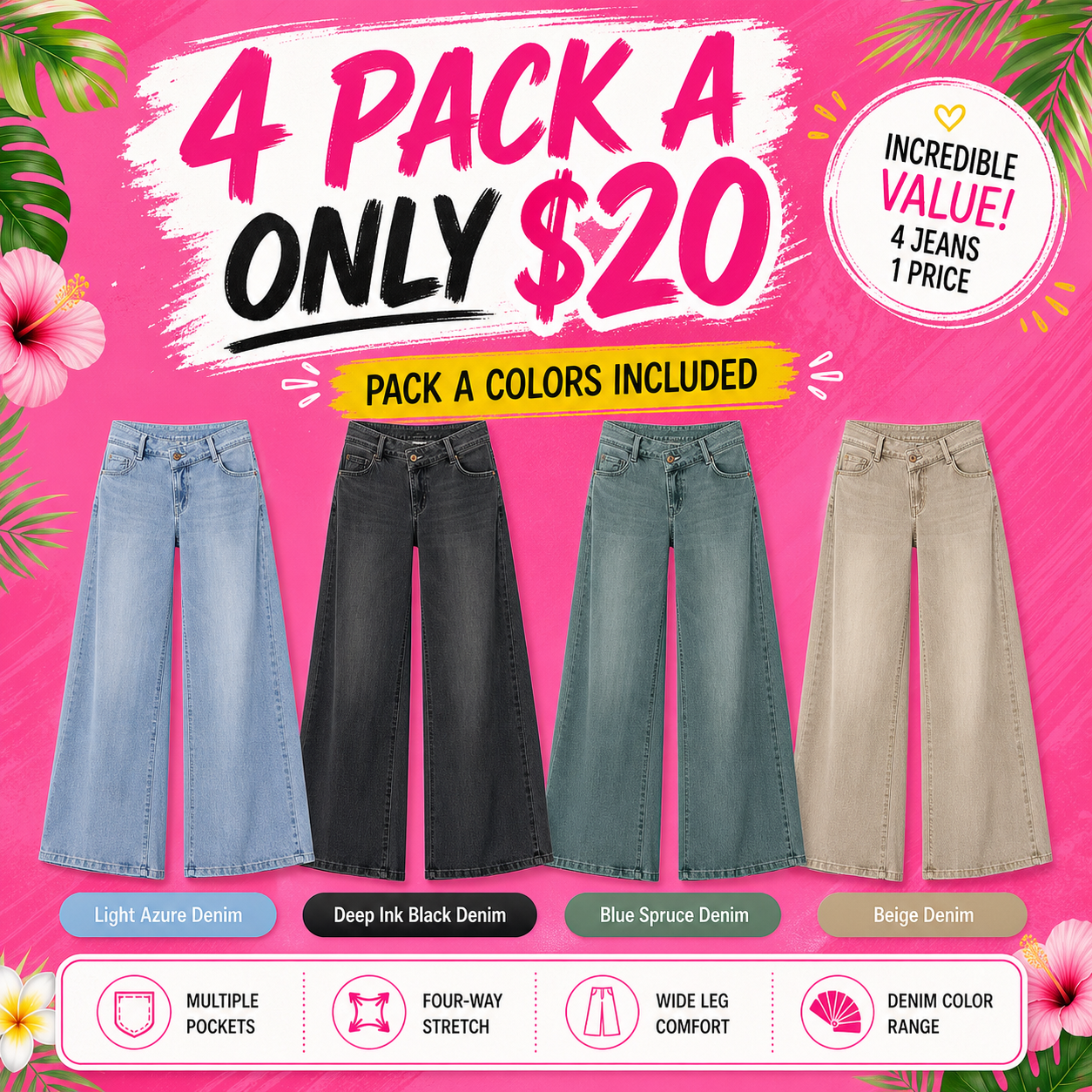 Flash Sale Flex Asymmetric Low Rise Zipper Pockets Baggy Wide Leg Washed Casual Jeans 8 Pack - marketing_4pack_a