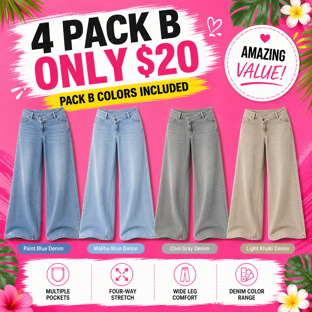 Flash Sale Flex Asymmetric Low Rise Zipper Pockets Baggy Wide Leg Washed Casual Jeans 8 Pack - marketing_4pack_b
